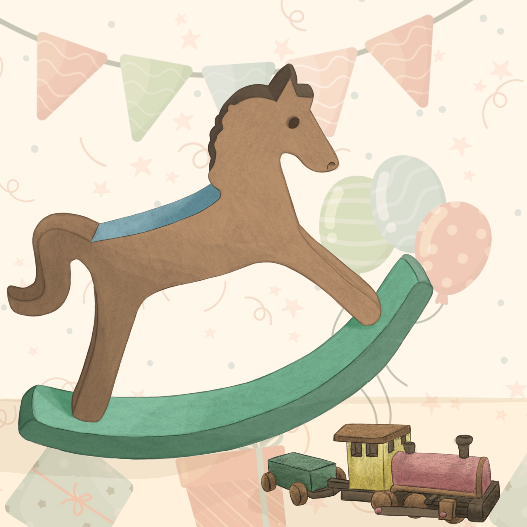 Illustrations enfance & jeunesse – illustration d’un cheval à bascule avec un train