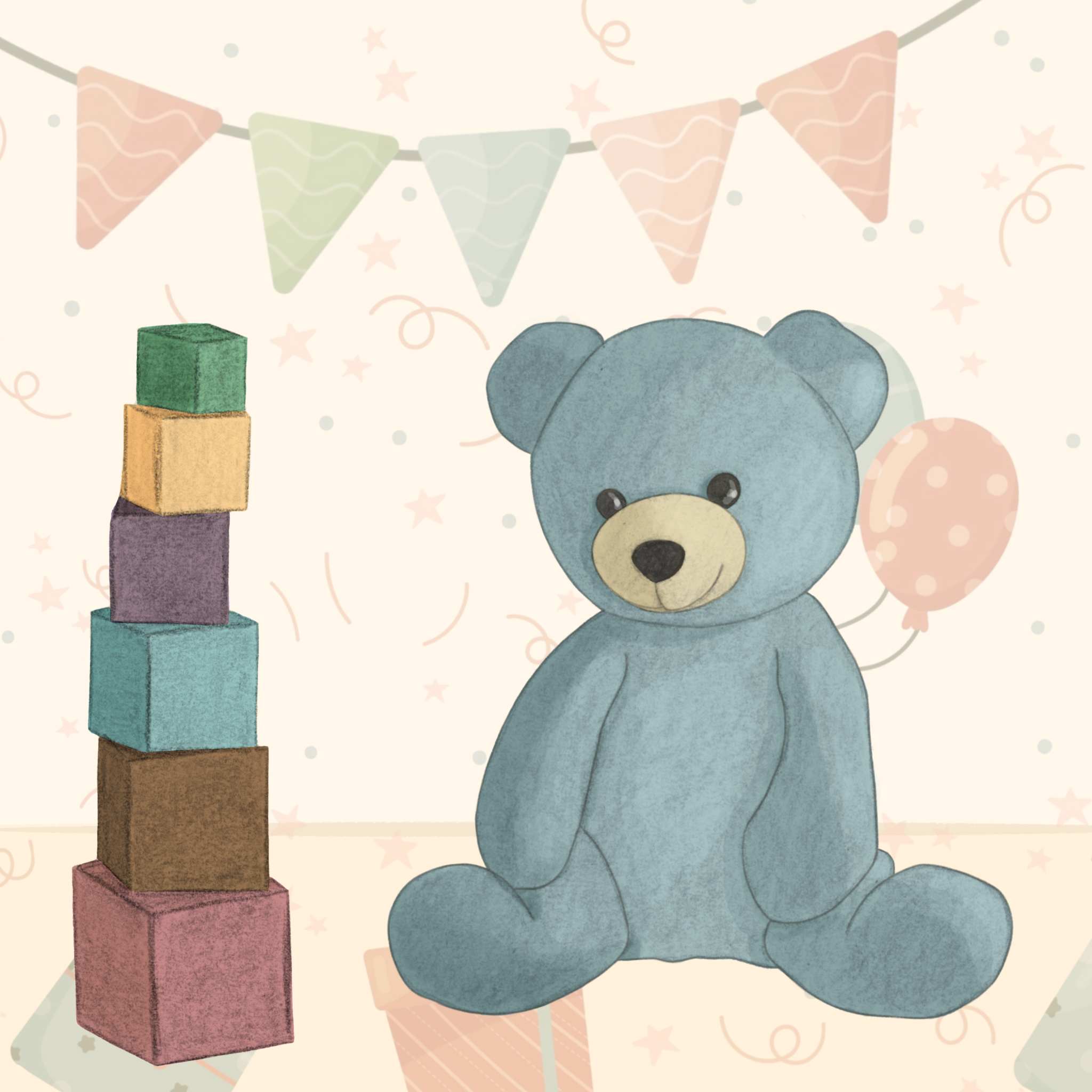 Illustrations enfance & jeunesse – illustration d’un ours en peluche avec des cubes en bois