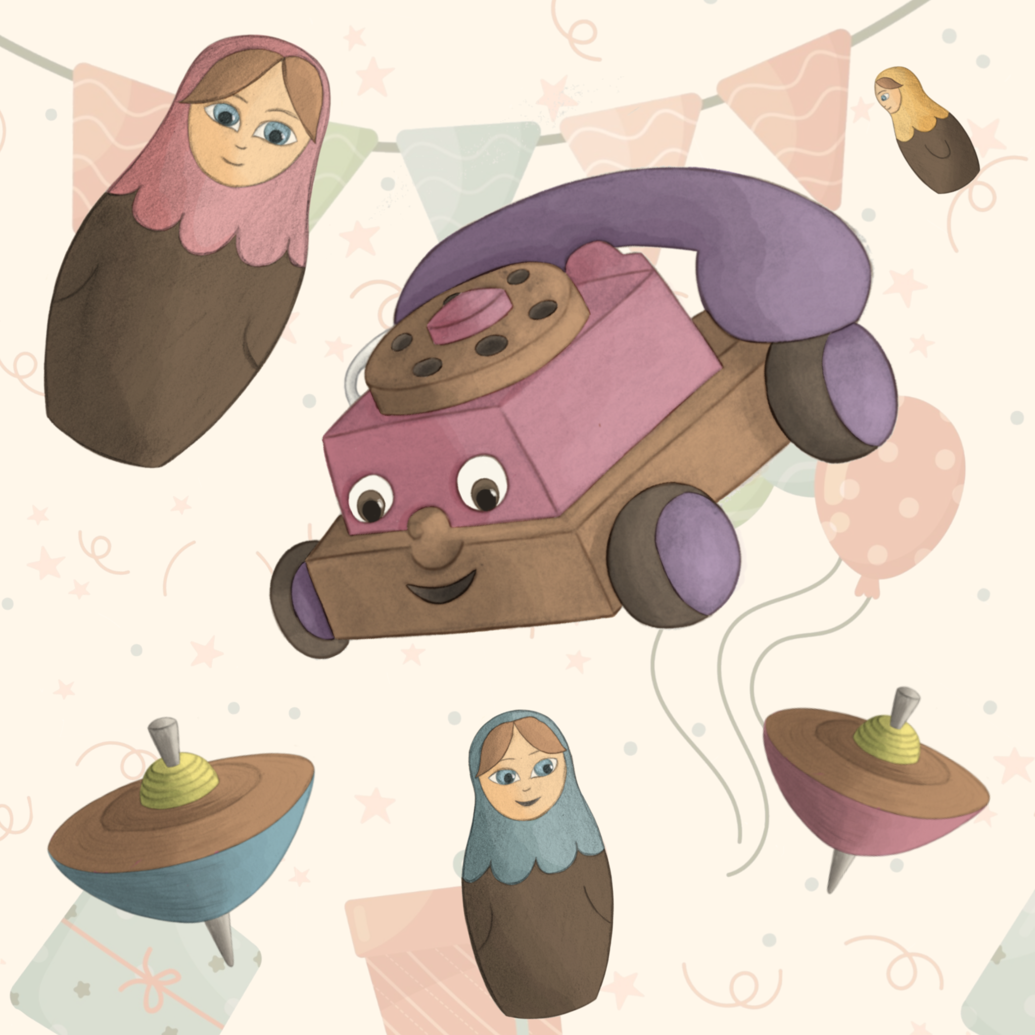 Illustrations enfance & jeunesse – illustration d’un téléphone en bois avec une toupie et une poupée russe en bois