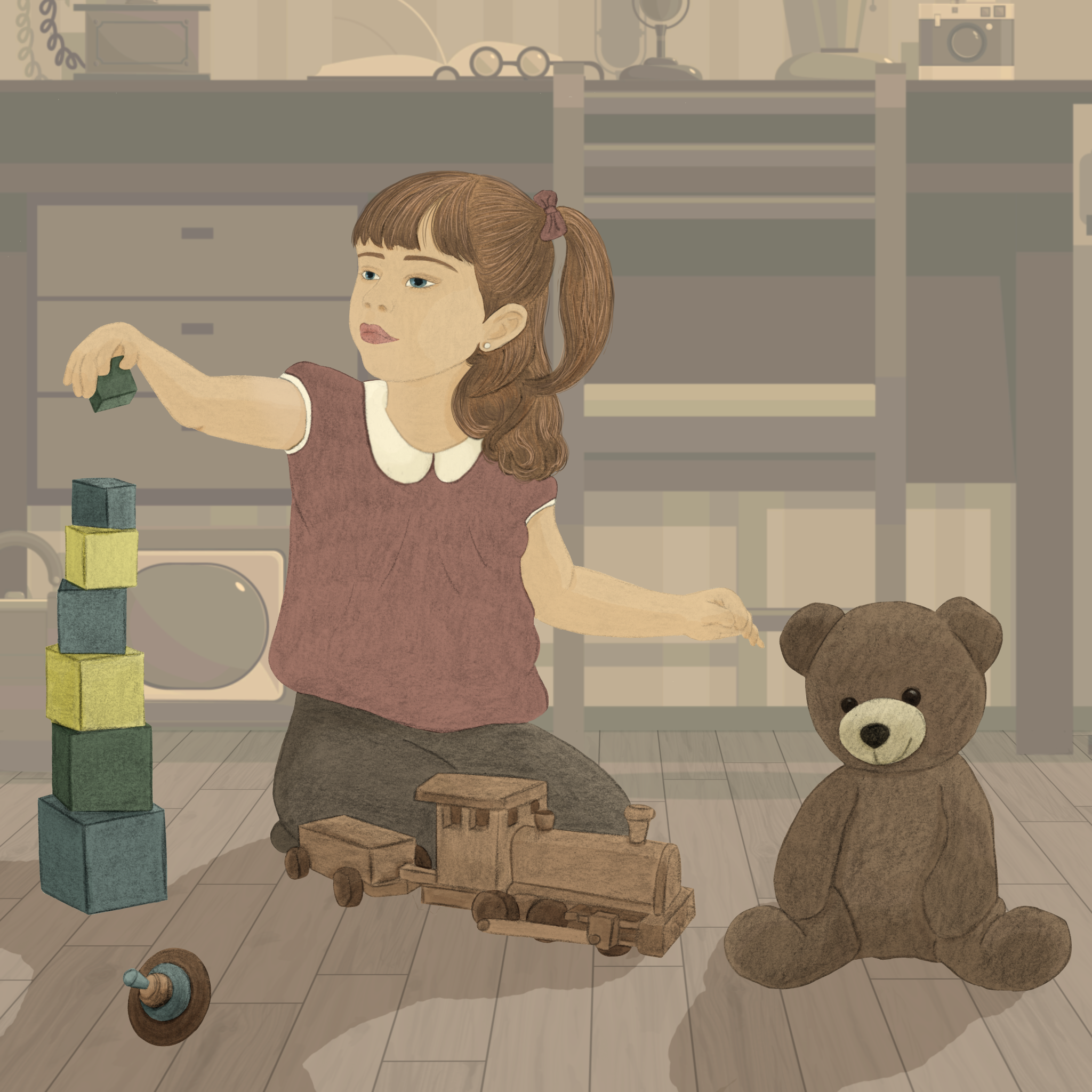 Illustrations enfance & jeunesse – illustration d’une petite fille jouant avec des jouets style années 50