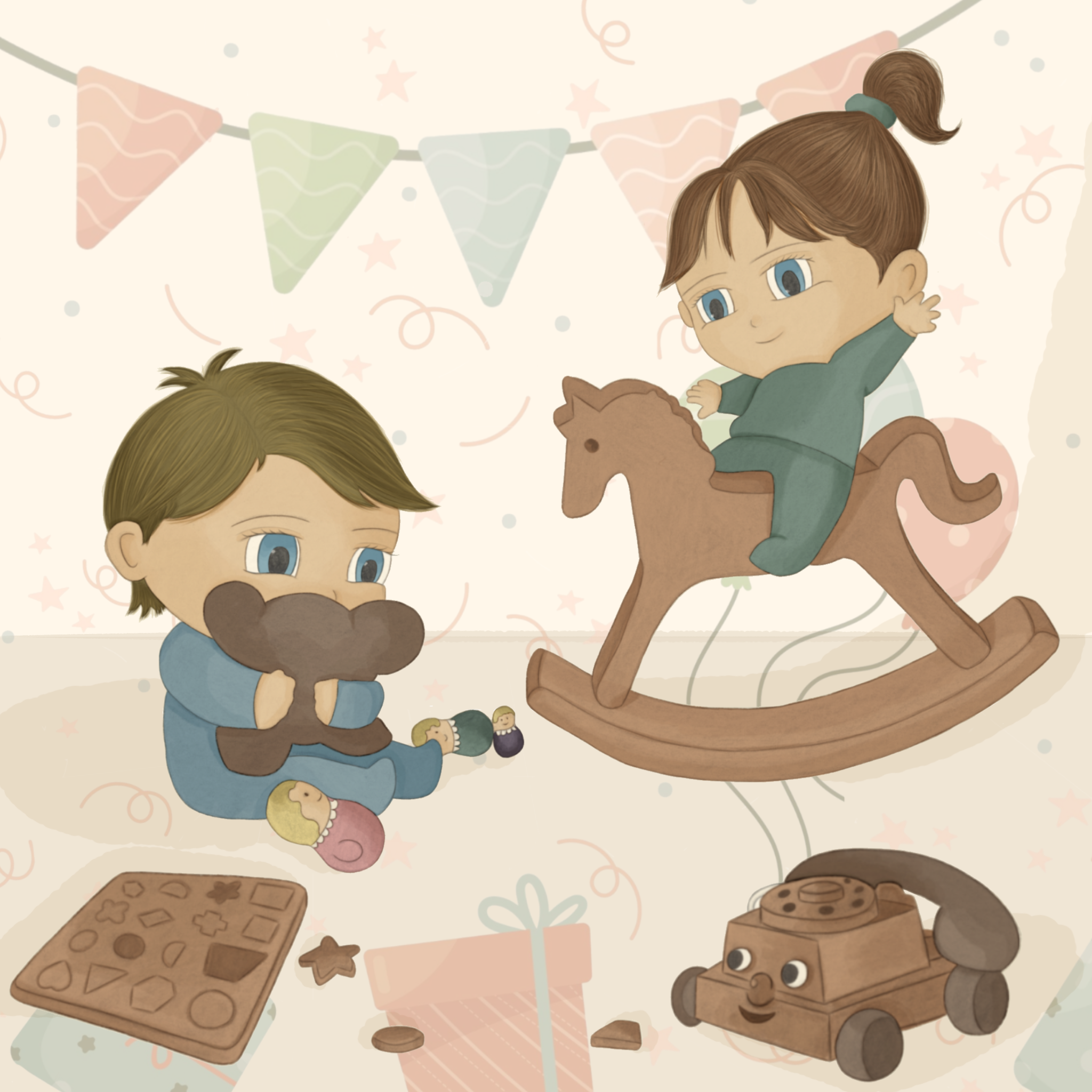 Illustrations enfance & jeunesse – illustration de très jeunes enfants jouant avec des jouets