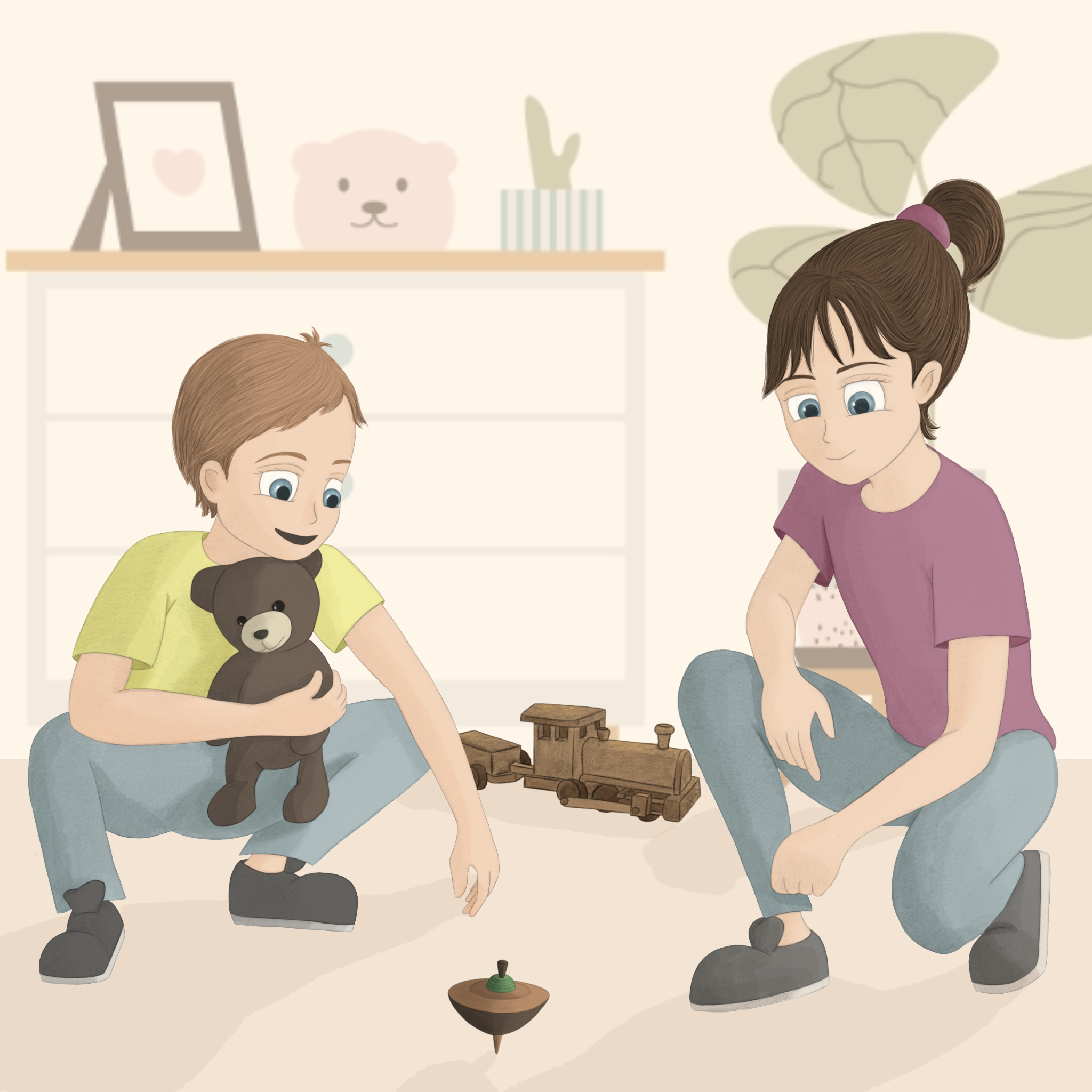 Illustrations enfance & jeunesse – illustration d’enfants jouant avec des jouets en bois