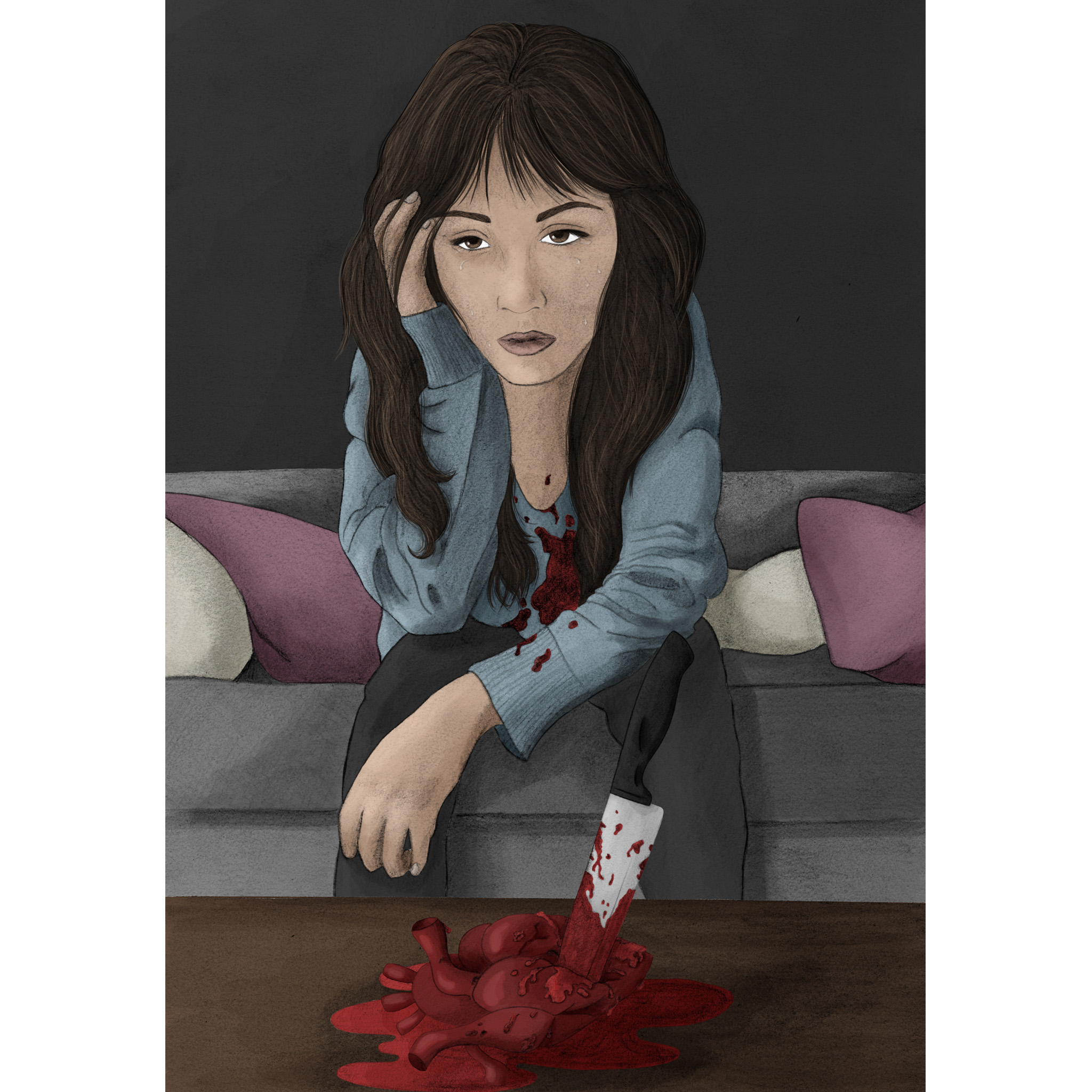 Illustrations contemporaines & variées – illustration d’une femme le cœur brisé avec un poignard planté dans son cœur sur une table