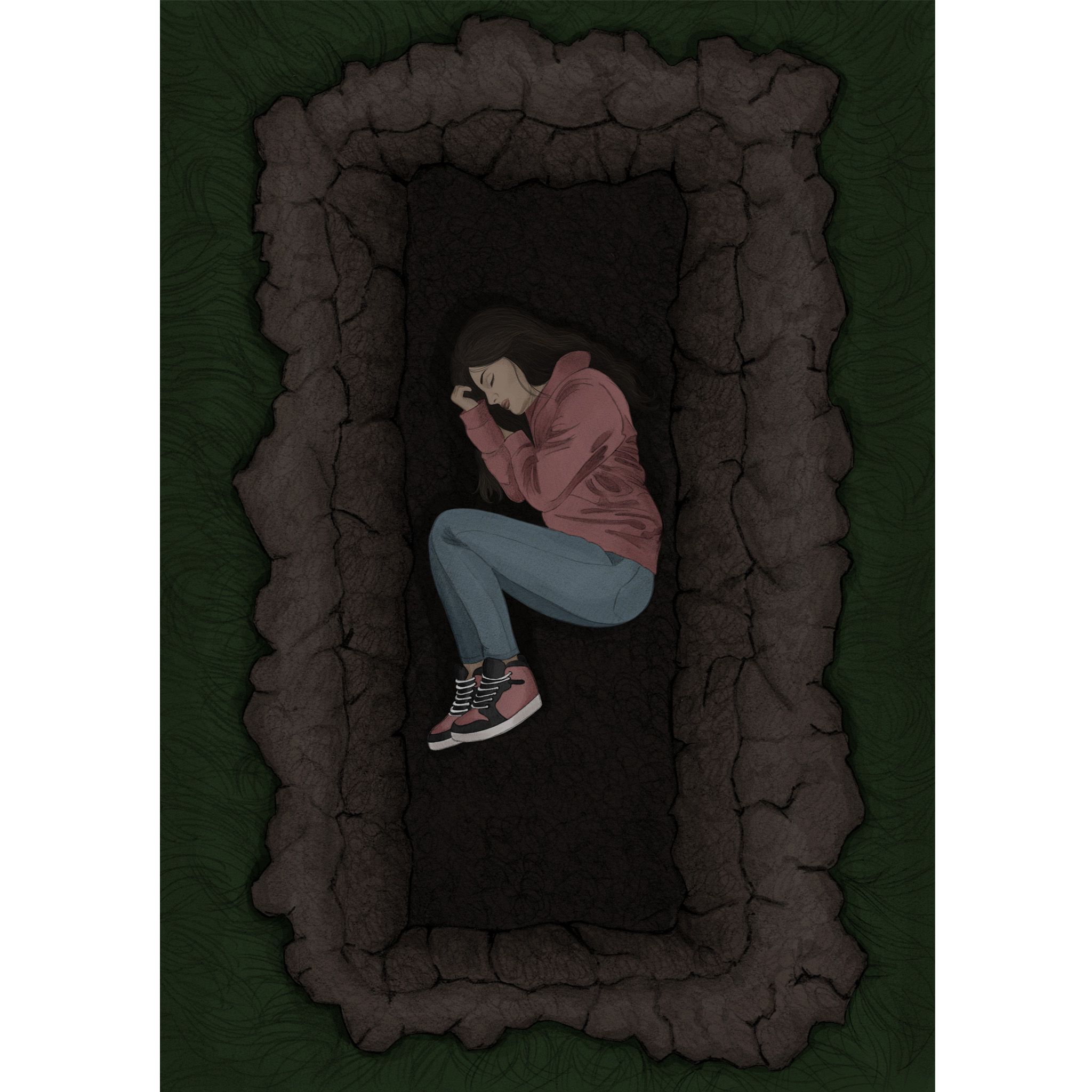 Illustrations contemporaines & variées – illustration d’une femme recroquevillée en position fœtale, symbolisant le deuil