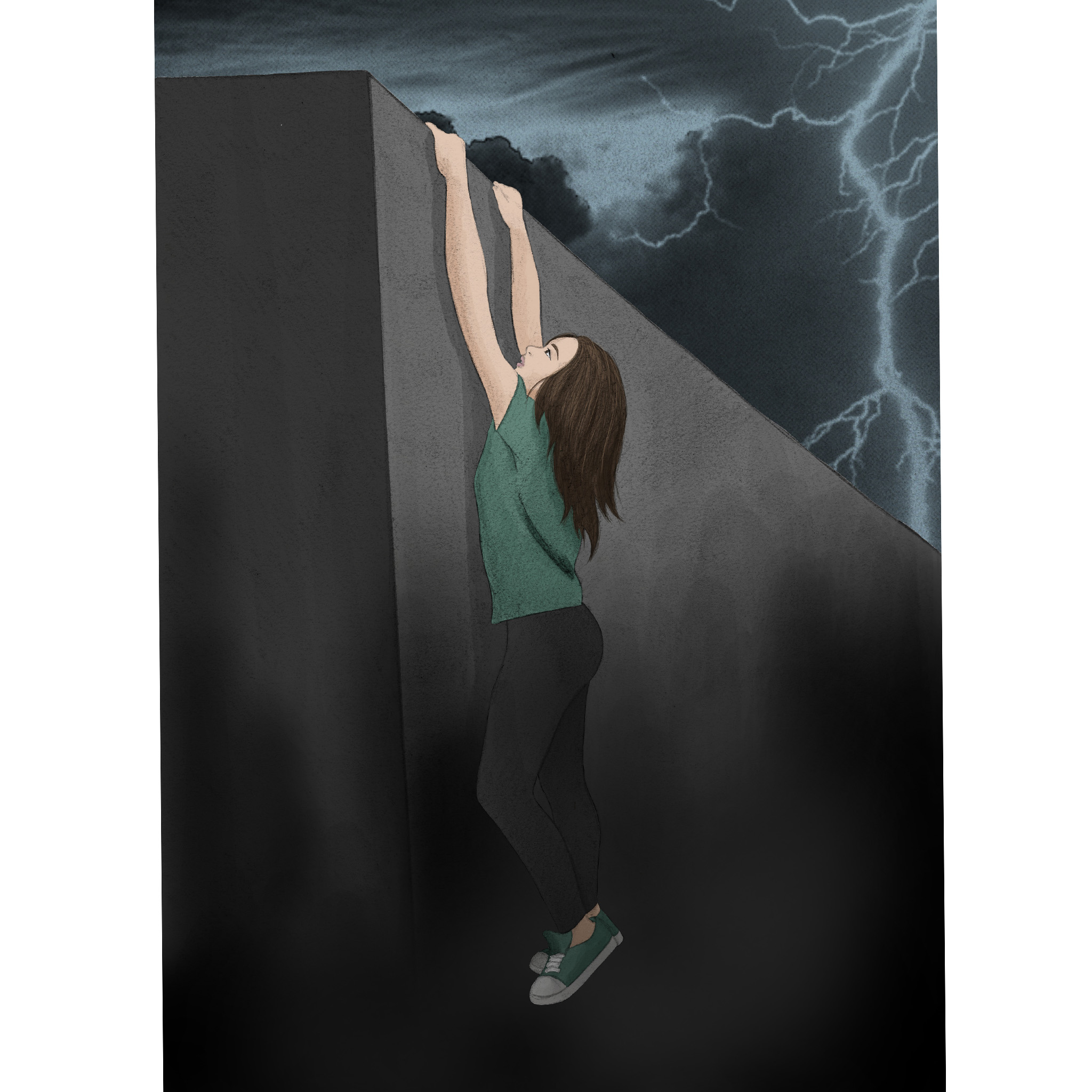 Illustrations contemporaines & variées – illustration d’une femme qui tente de remonter un muret, symbolisant l’effort de surmonter le deuil