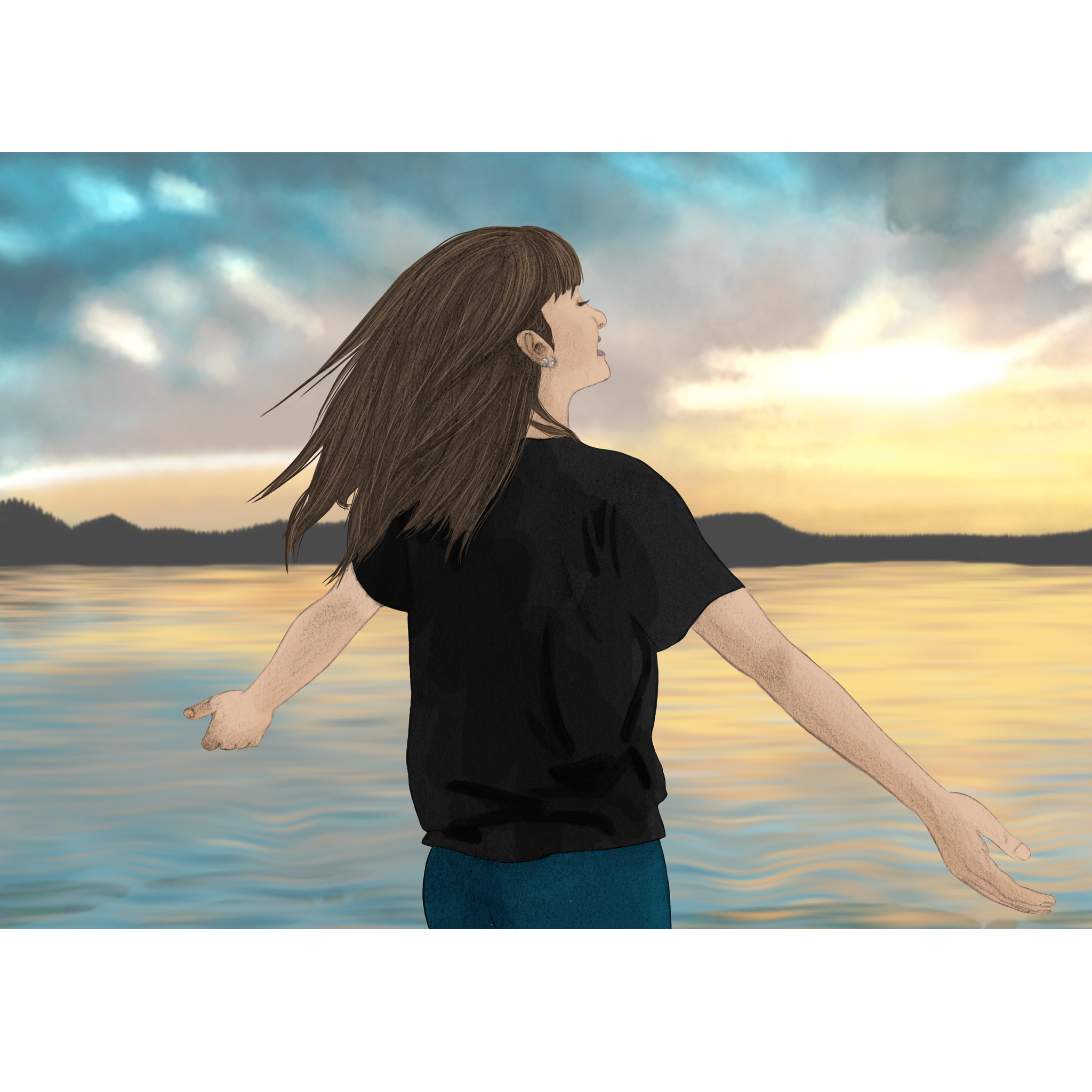 Illustrations contemporaines & variées – illustration d’une femme sereine devant l’horizon, symbolisant la fin du deuil et la paix retrouvée