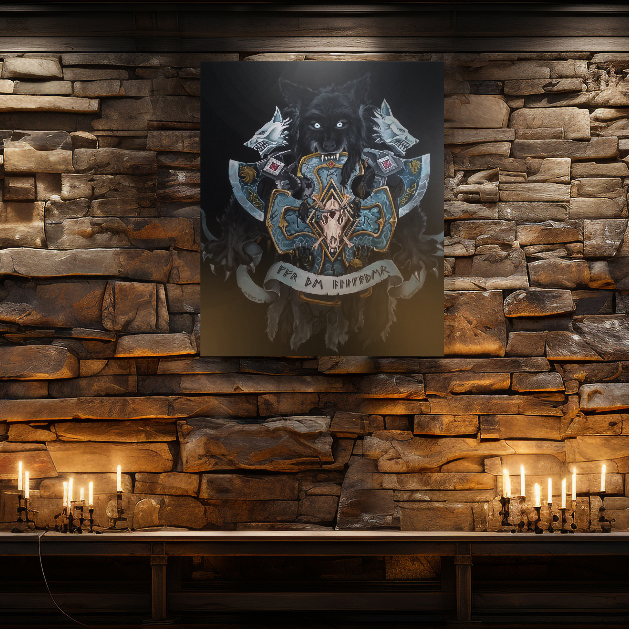 Peintures variées sur mesure – peinture représentantune peau de loup style Viking sur un mur en pierre avec une ambiance sombre et des bougies