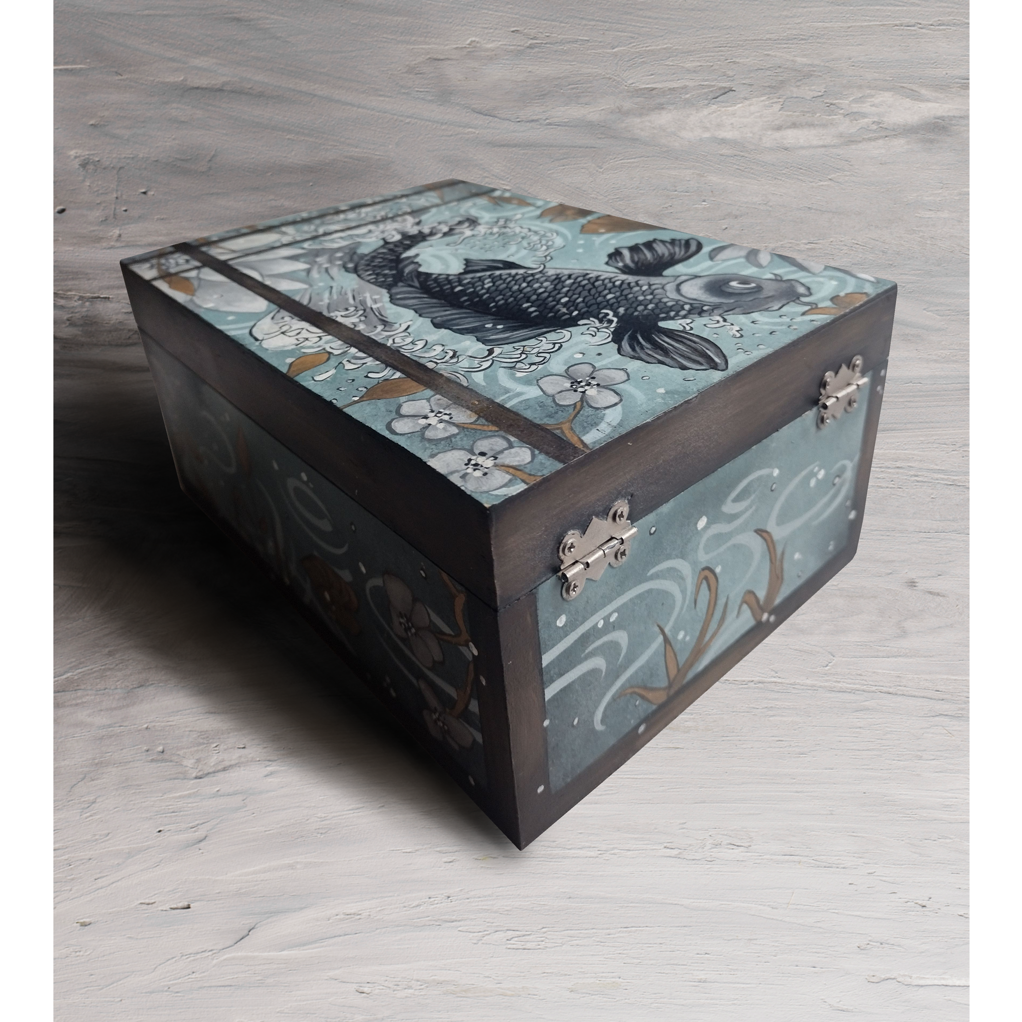 Peinture sur supports divers - boîte style japonais peinte à la main, décoration artistique sur support en bois