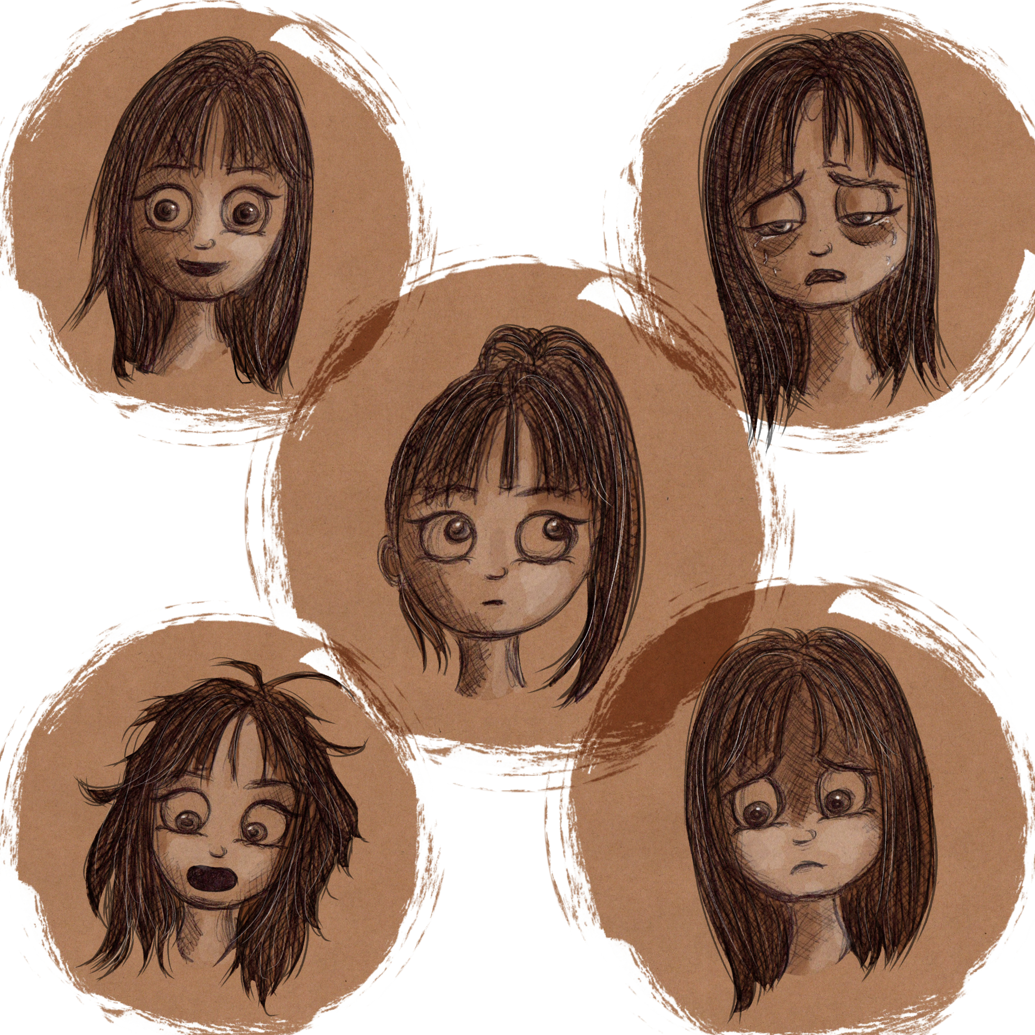 Illustrations contemporaines & variées – illustration montrant plusieurs visages du personnage, chacun exprimant une émotion différente