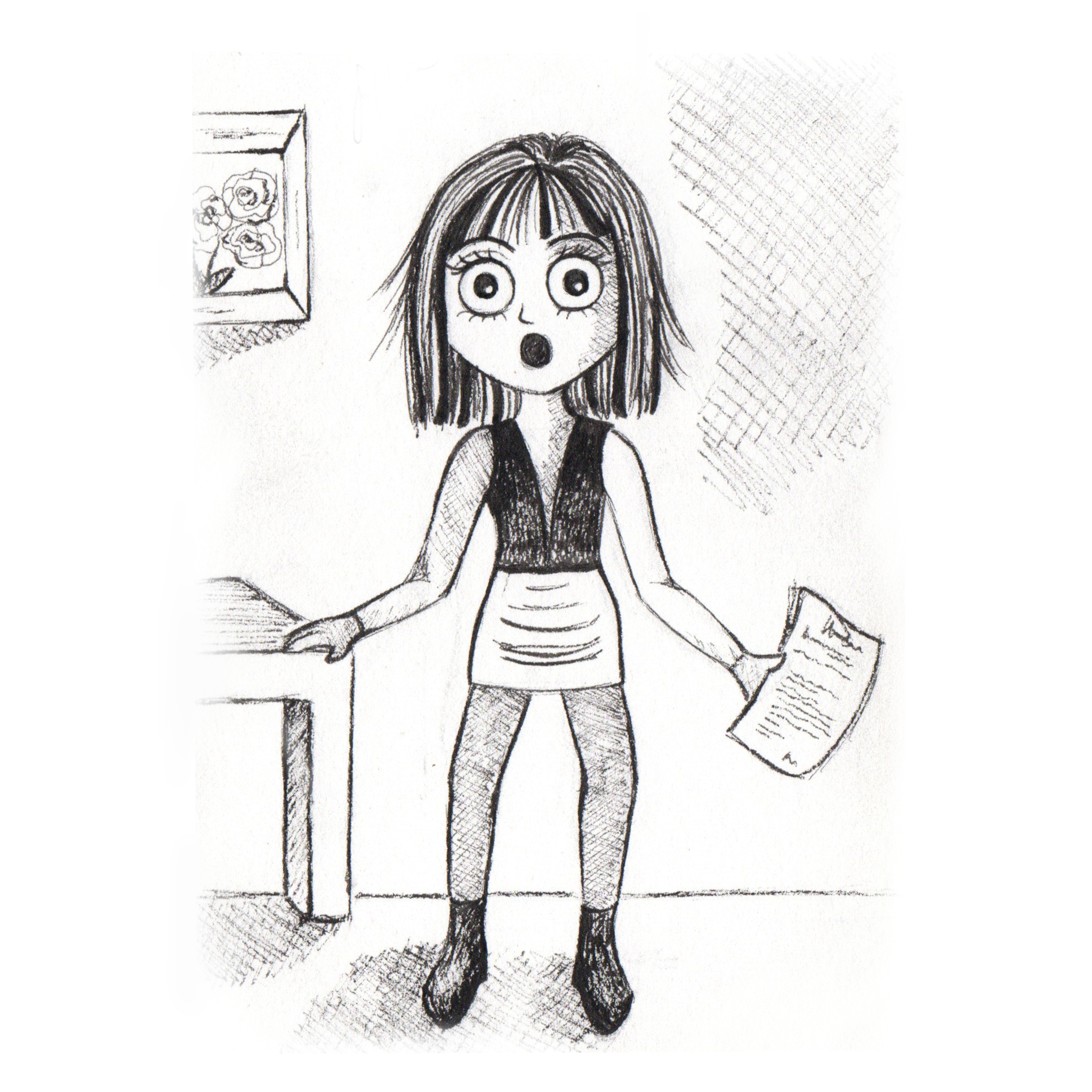 Illustrations contemporaines & variées – illustration d’un personnage choqué, se tenant à une table avec un papier à la main