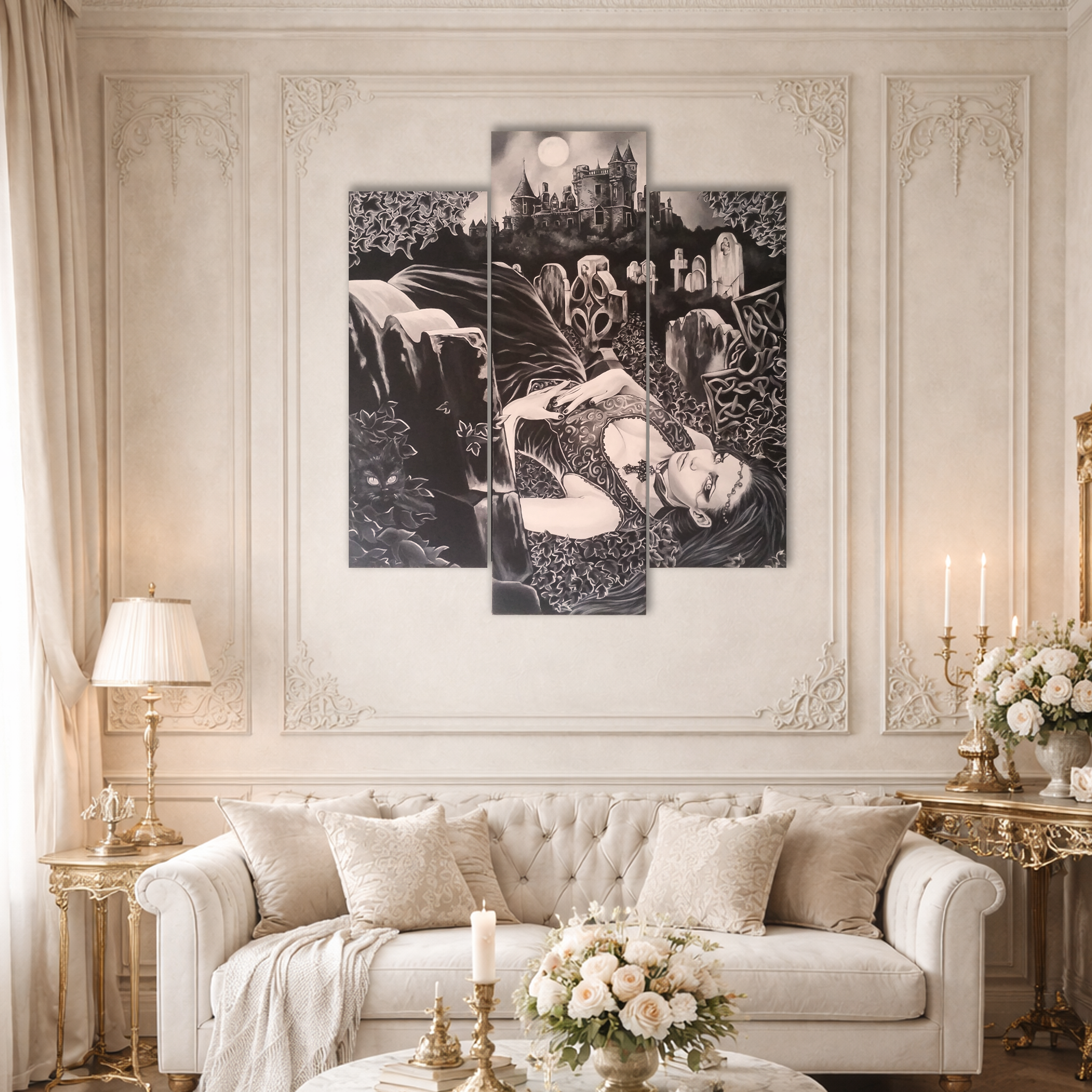 Peintures variées sur mesure – Tableau triptyque, reproduction de Victoria Frances, œuvre artistique en trois panneaux présentée dans un salon