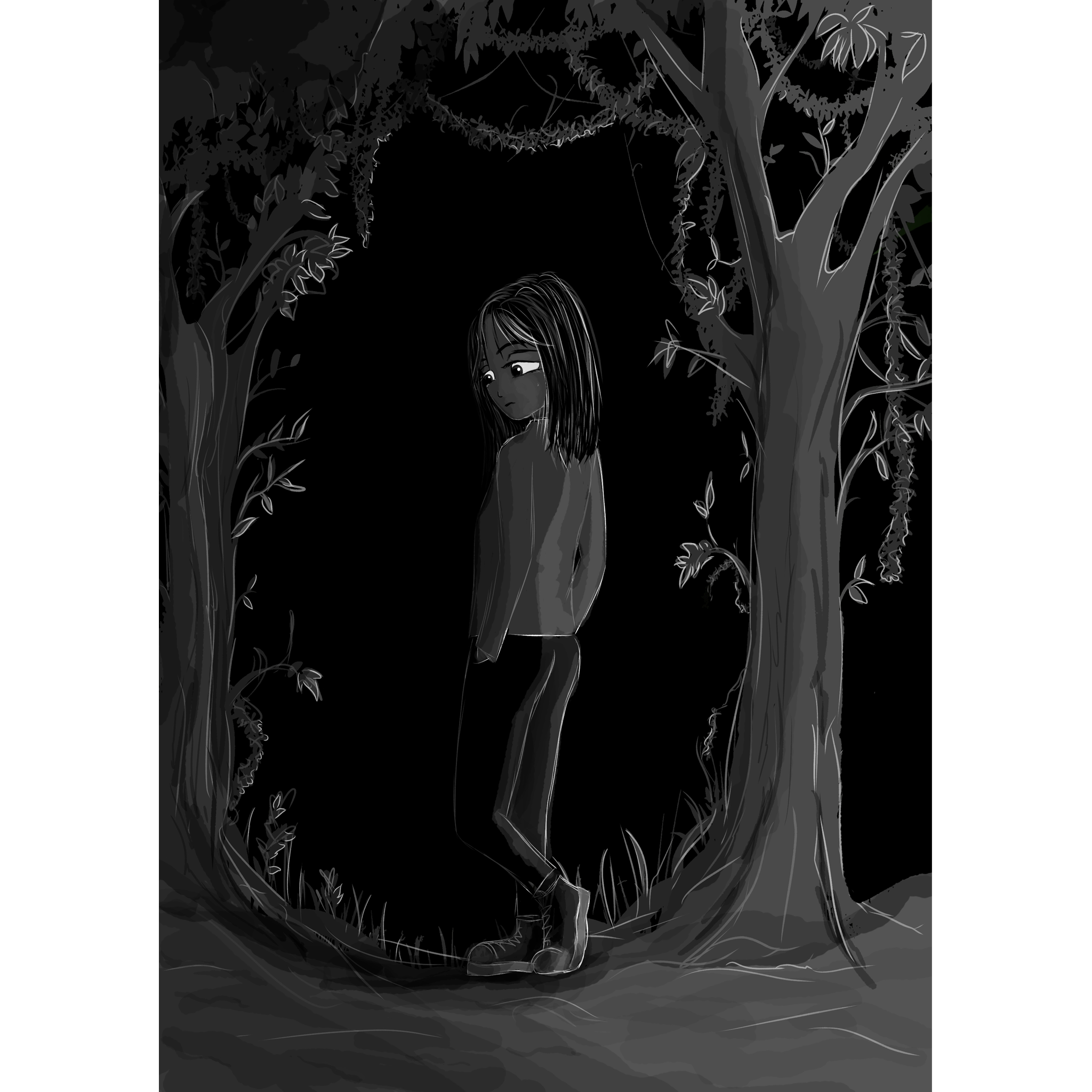 Illustrations contemporaines & variées – illustration numérique d’un personnage triste, seule, s’enfonçant dans une forêt sombre