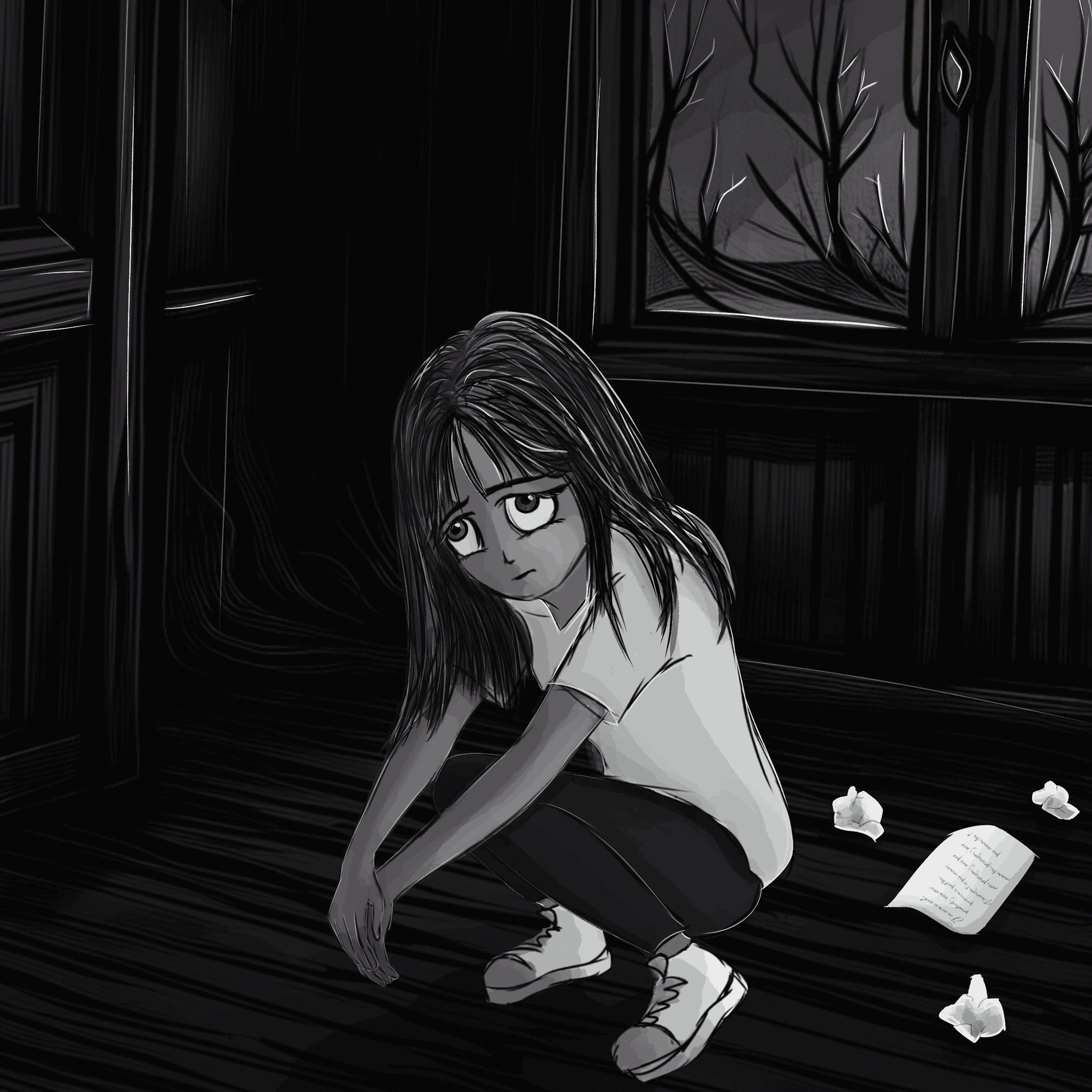 Illustrations contemporaines & variées – illustration numérique d’un personnage par terre, écrivant une lettre avec des papiers froissés dans une maison sombre