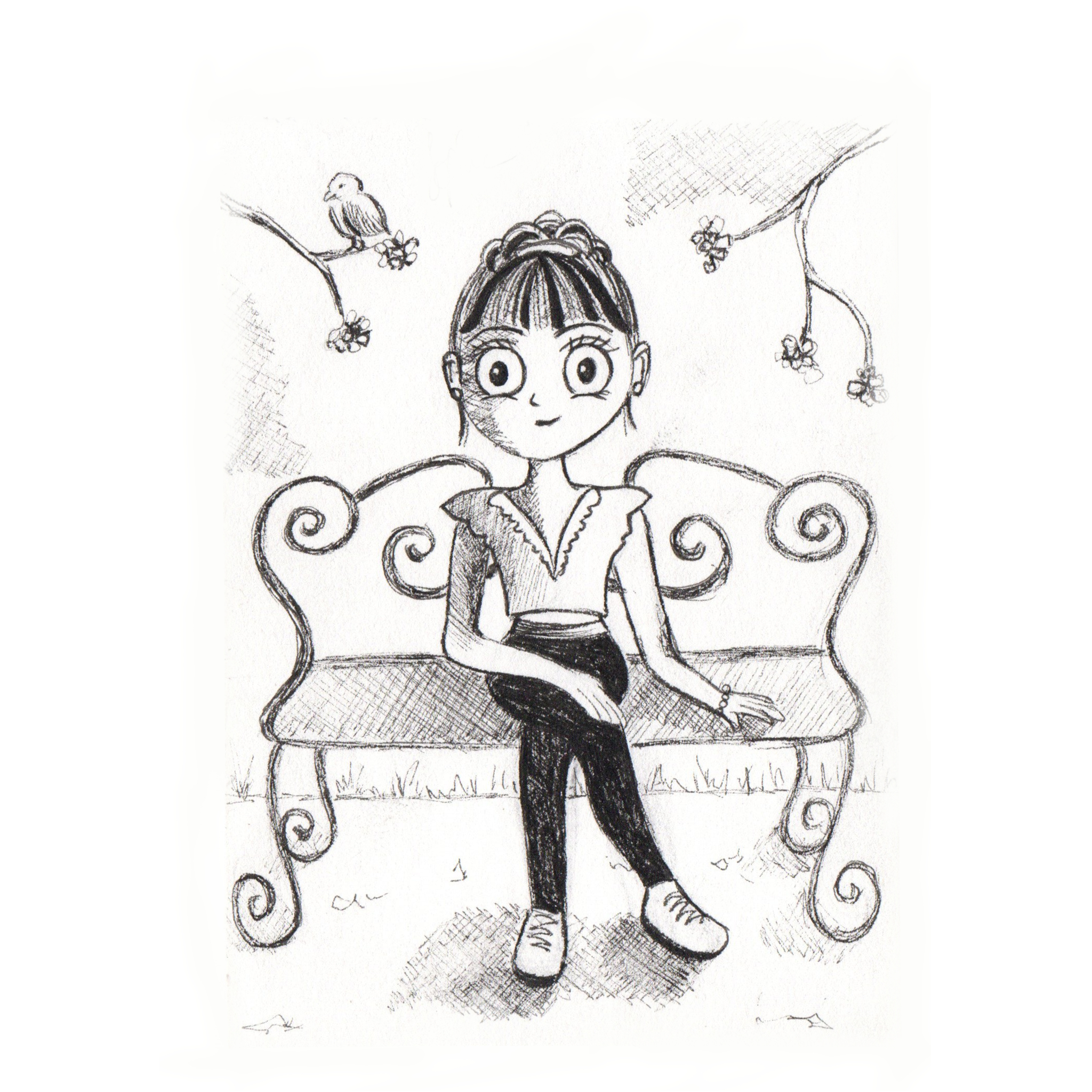 Illustrations contemporaines & variées – illustration d’un personnage apaisée, assise sur un banc, tout est rentré dans l’ordre