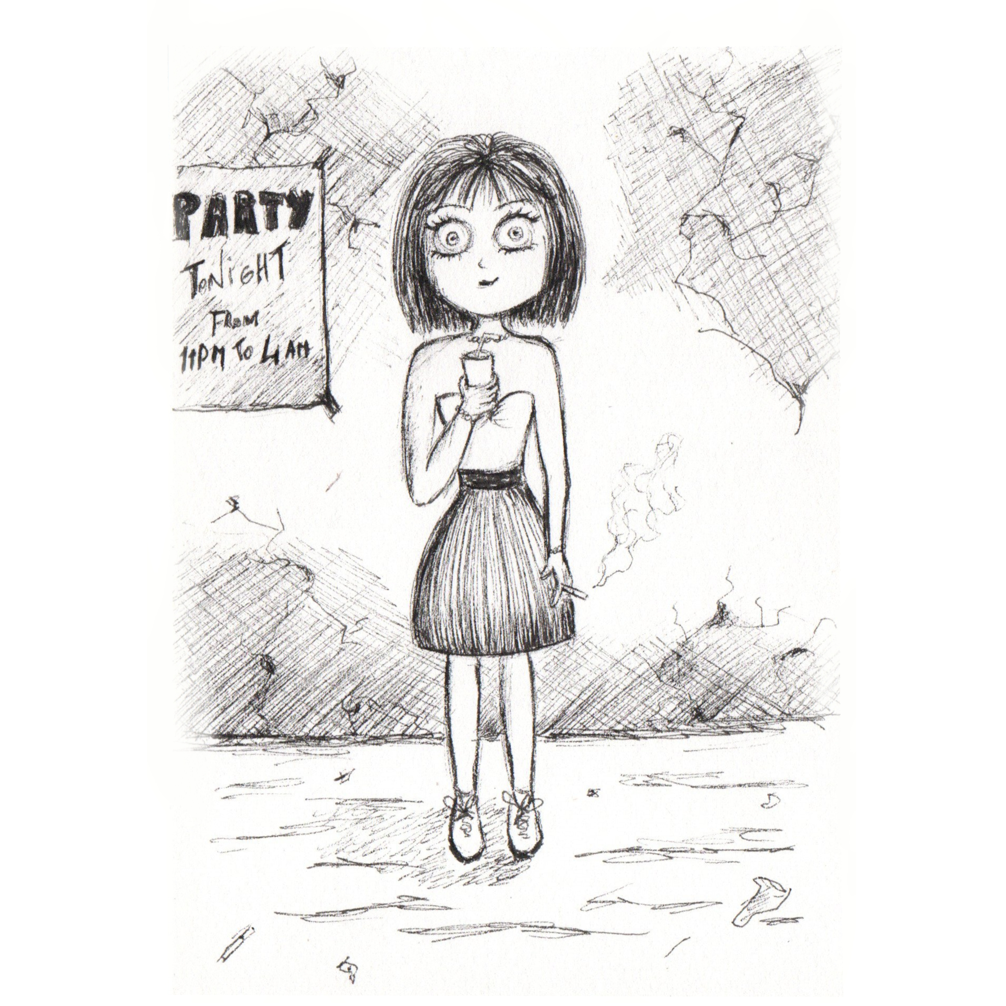 Illustrations contemporaines & variées – illustration d’un personnage joyeuse lors d’une fête, tenant un verre à la main