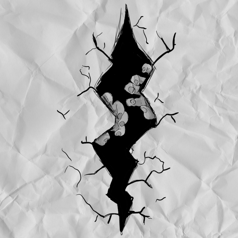 Illustrations contemporaines & variées – Croquis de deux mains essayant de sortir d’une fissure dans un mur