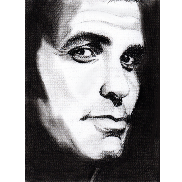 Illustrations de portraits aux techniques diverses – portrait de célébrité George Clooney réalisé au fusain