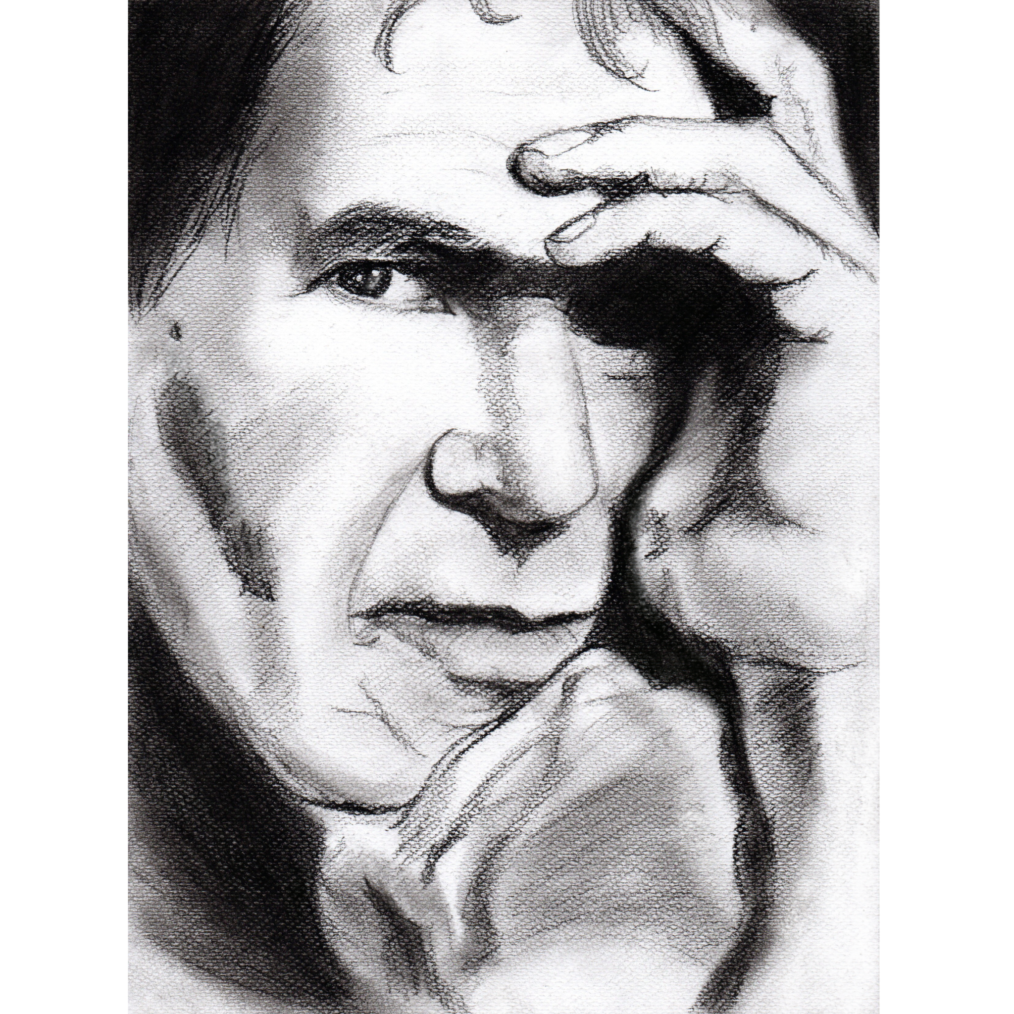 Illustrations de portraits aux techniques diverses – portrait de célébrité Harrison Ford réalisé au fusain