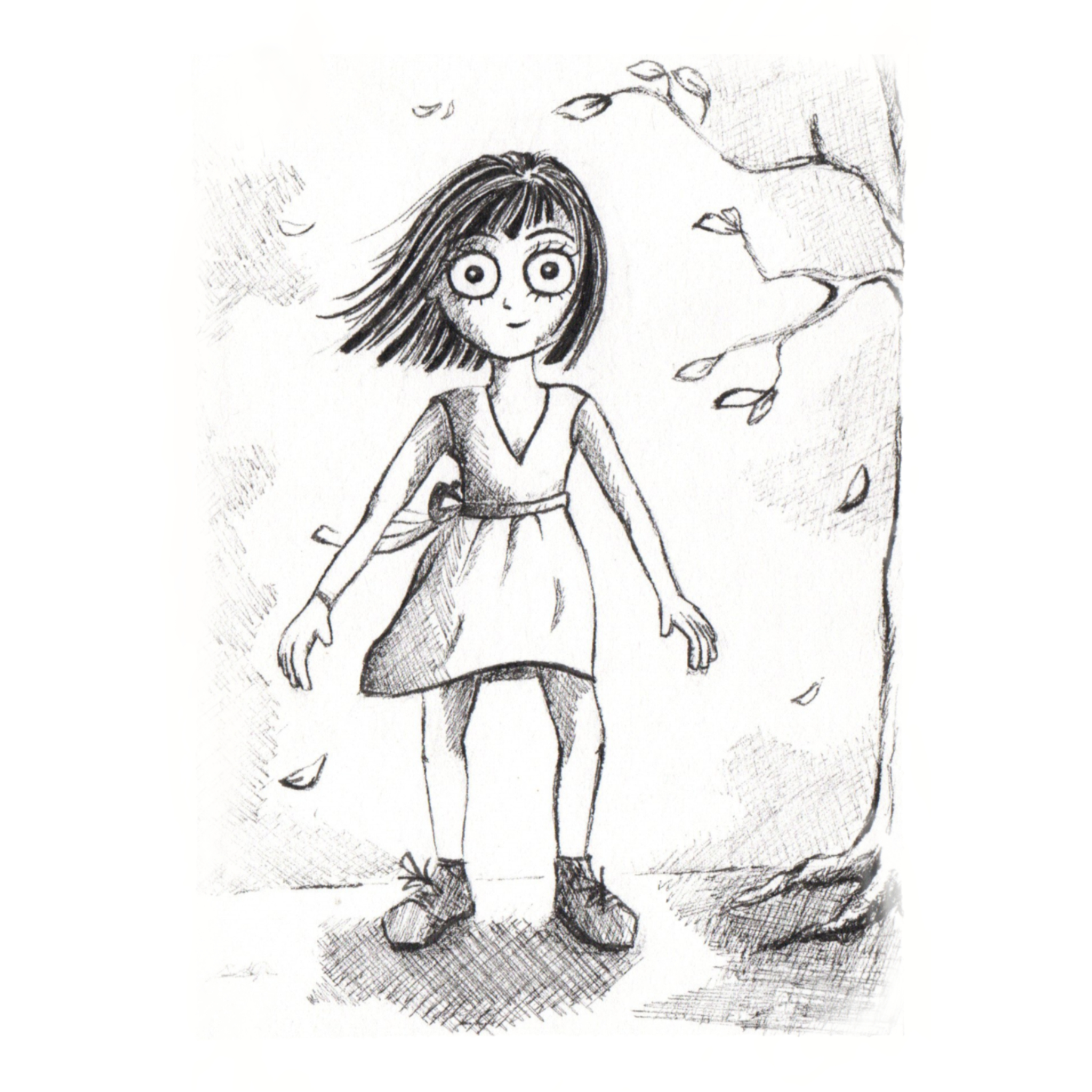 Illustrations contemporaines & variées – illustration au stylo d’un personnage heureuse à l’extérieur dans la nature