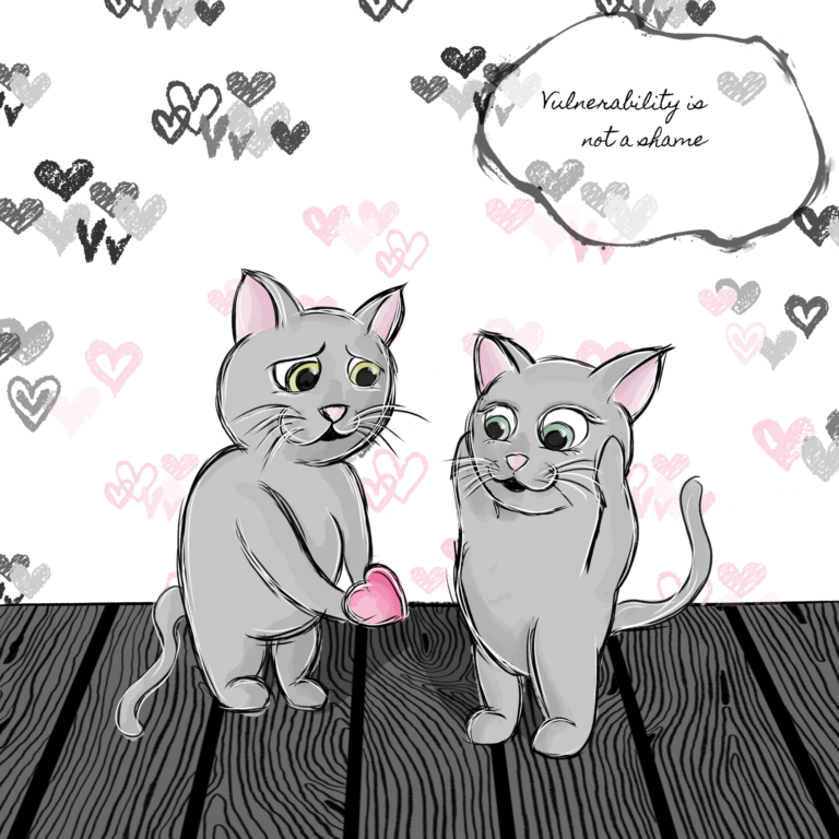 Illustrations contemporaines & variées – illustration de deux petits chats mignons, déclaration d'amour, il offre son coeur
