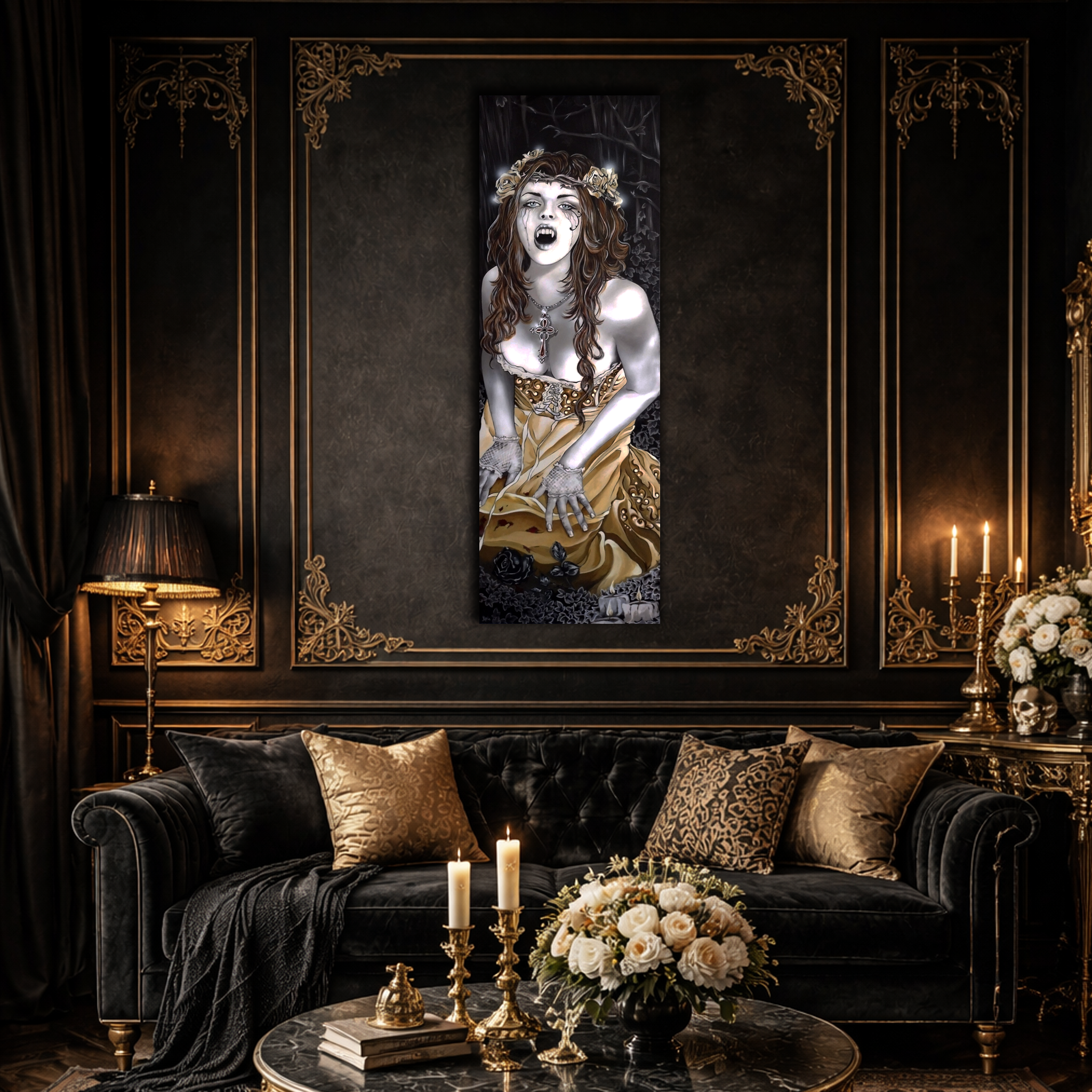 Peintures variées sur mesure – tableau, reproduction d’une illustration de Victoria Frances, vampire qui pleure, œuvre artistique présentée en mock-up dans un salon au style baroque