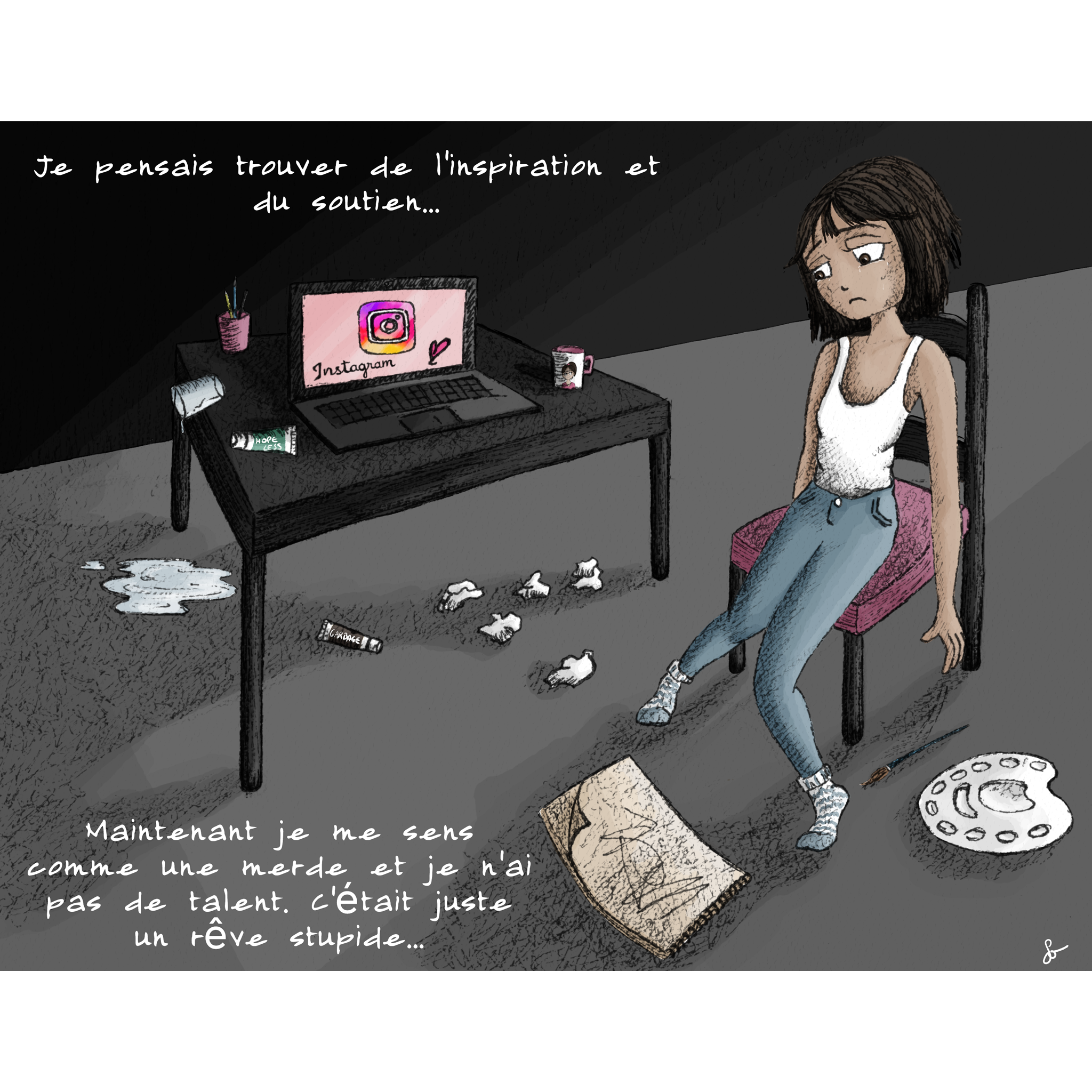 Illustrations contemporaines & variées – Jeune fille désespérée, conséquences des réseaux, émotion, triste