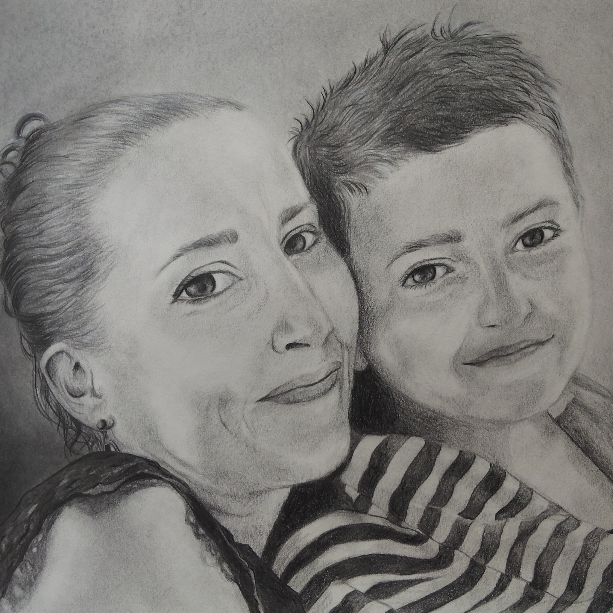 Illustrations de portraits aux techniques diverses -portrait mère & fils, cadeau d'anniversaire