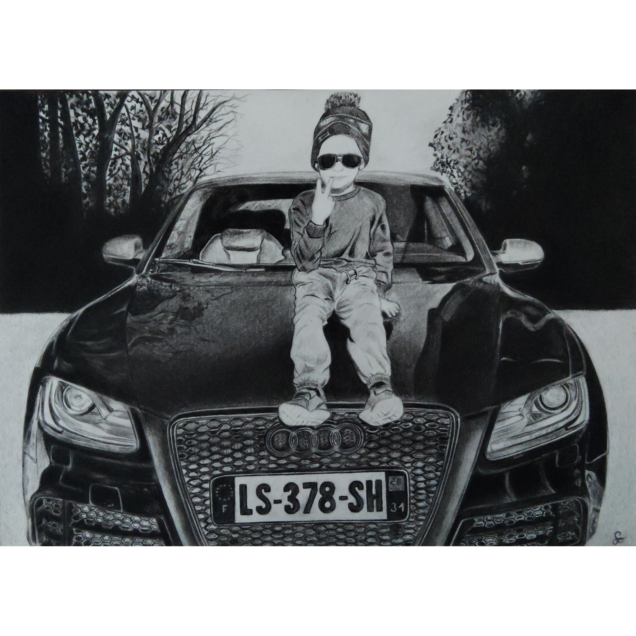 Illustrations de portraits au fusain -portrait enfant & voiture