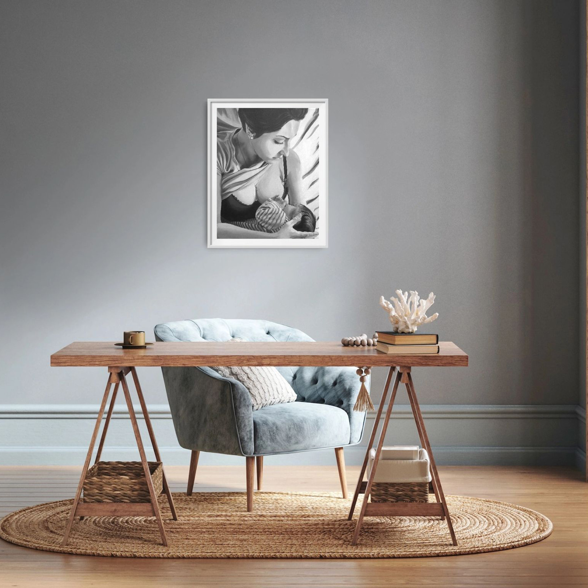 Portrait naissance, mère avec enfant, maman, bébé, peinture d'après photo