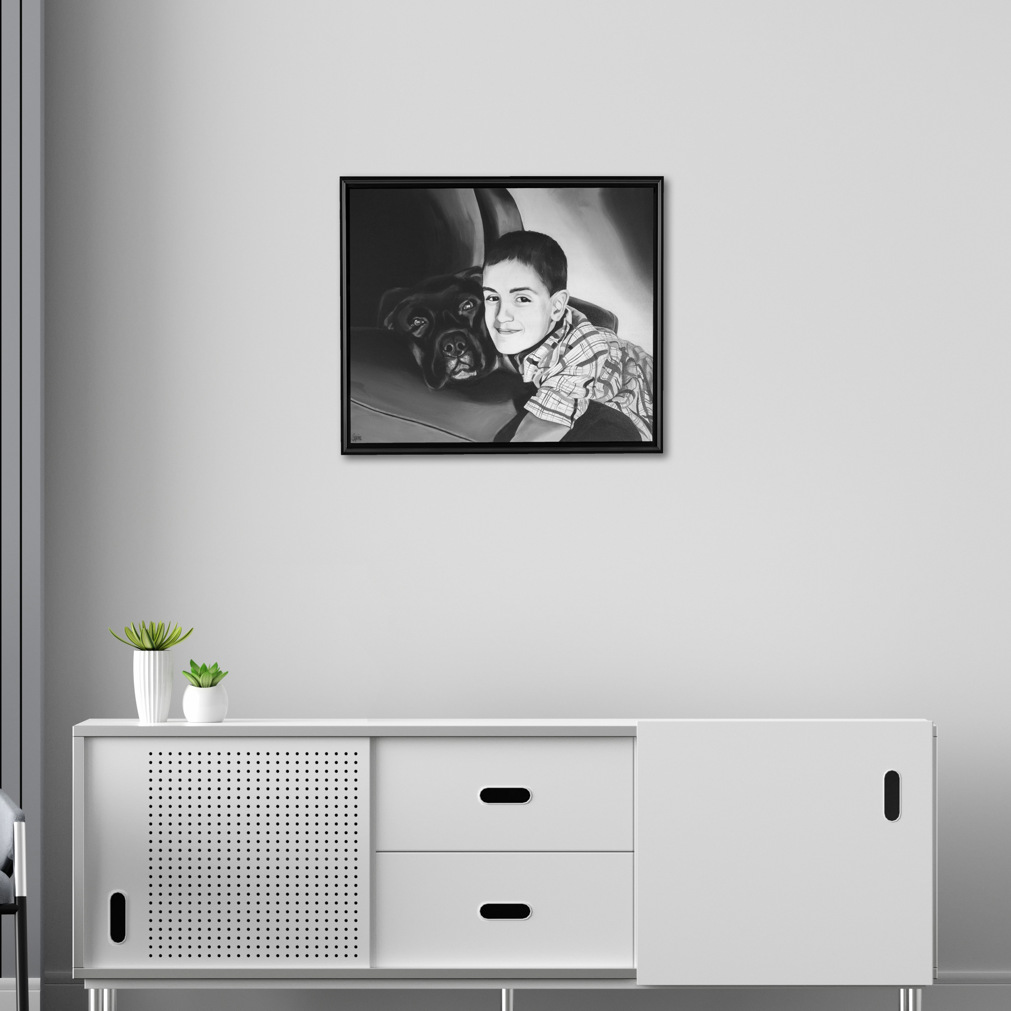 Portrait d'après photo, artiste peintre Occitanie, famille, enfant et chien