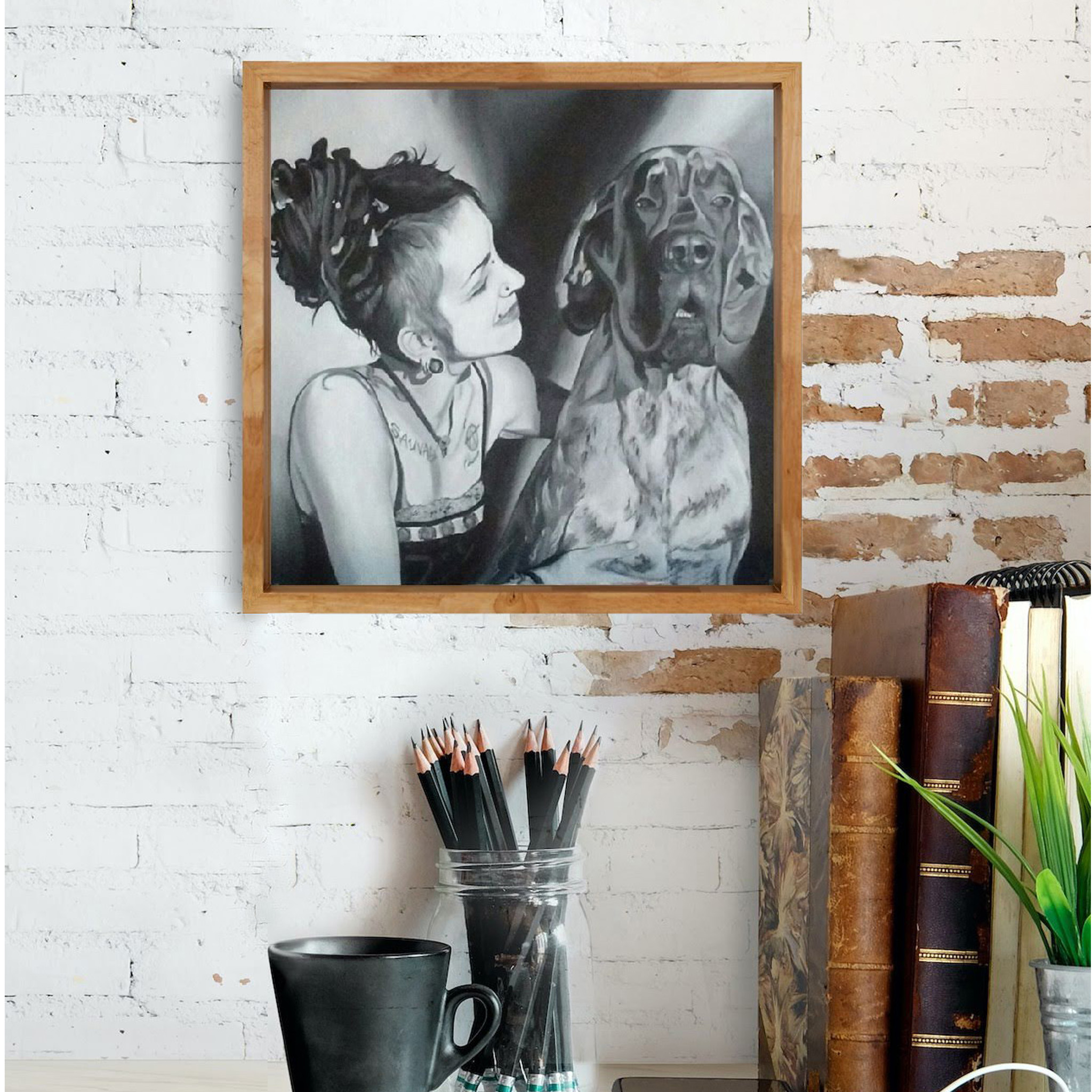 Portraits peinture d'après photo, nuances de gris, chien, hommage