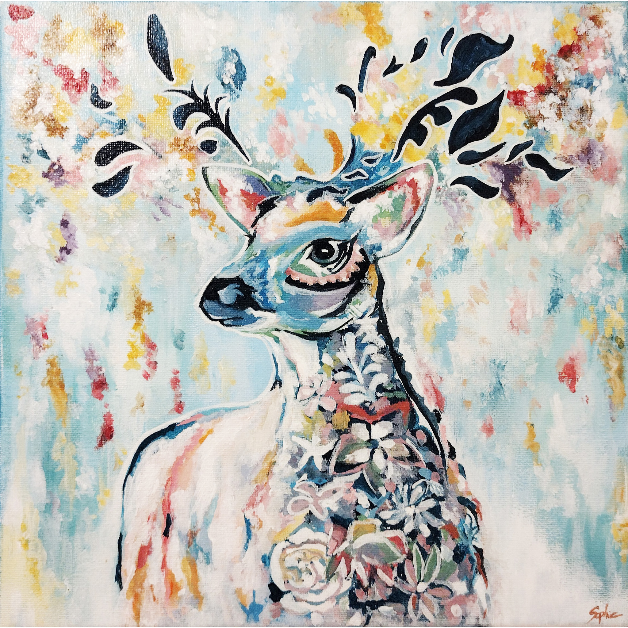 Peinture de cerf inspirée, animaux acrylique