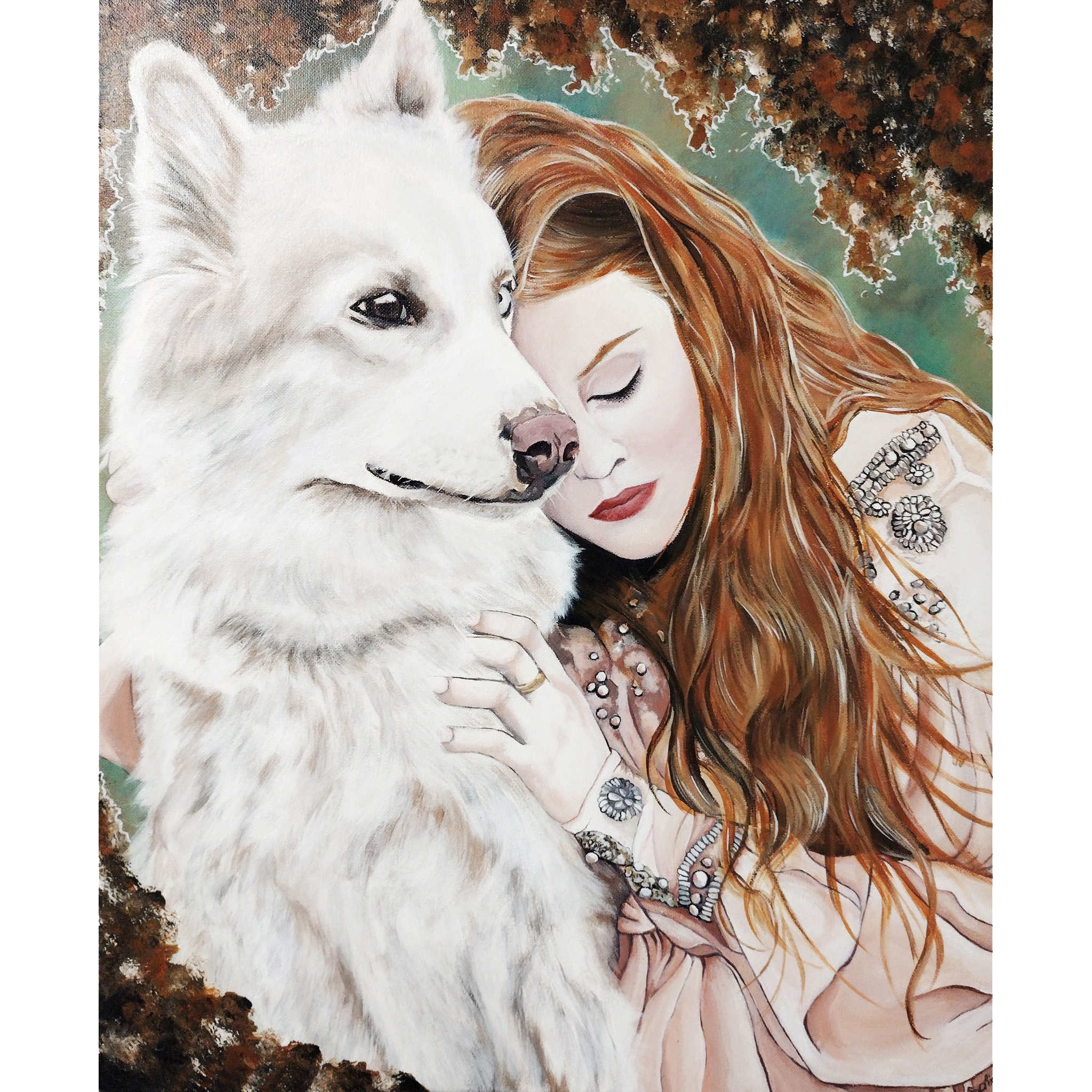 Peinture amoureux des animaux femme avec son chien, artiste Occitanie