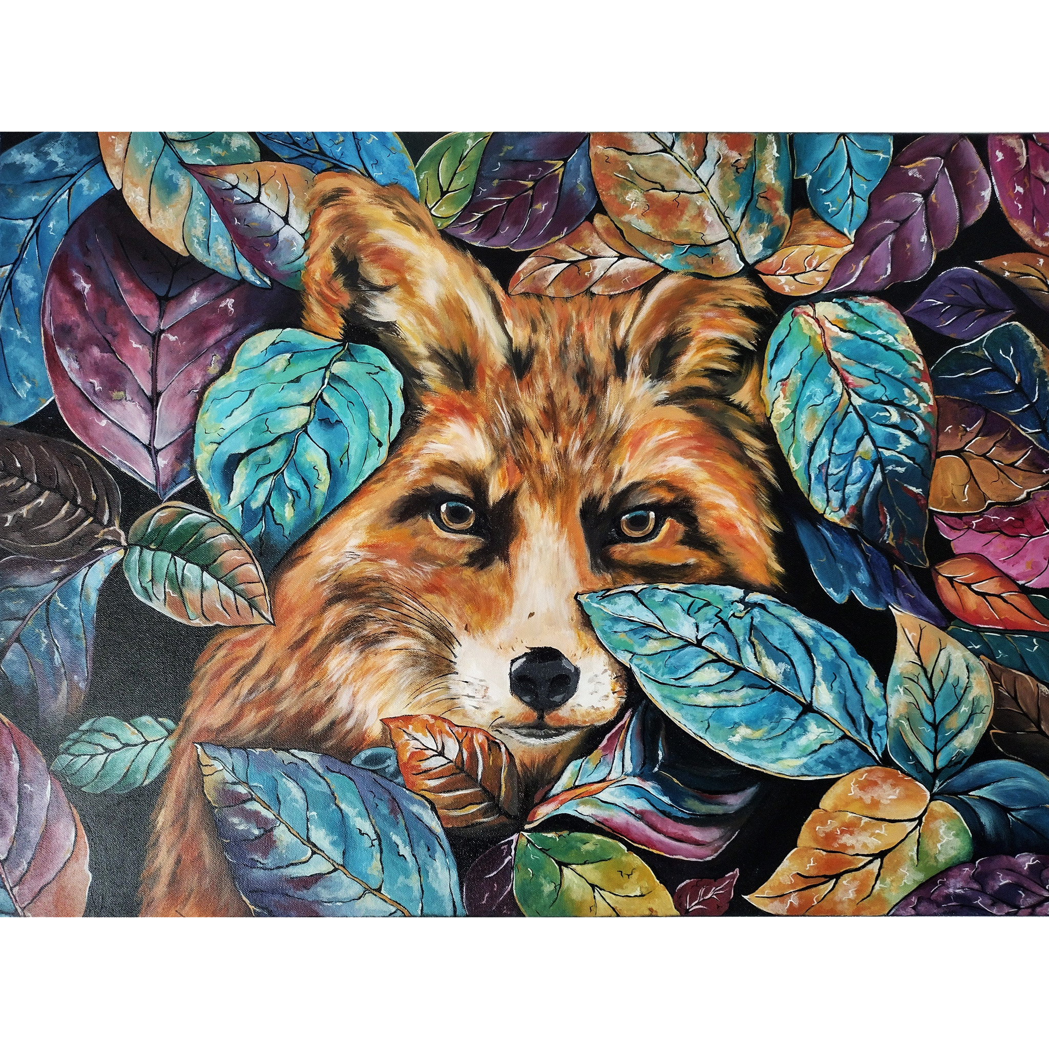 Peinture de renard dans des feuillages, acrylique artiste peintre nature et animaux