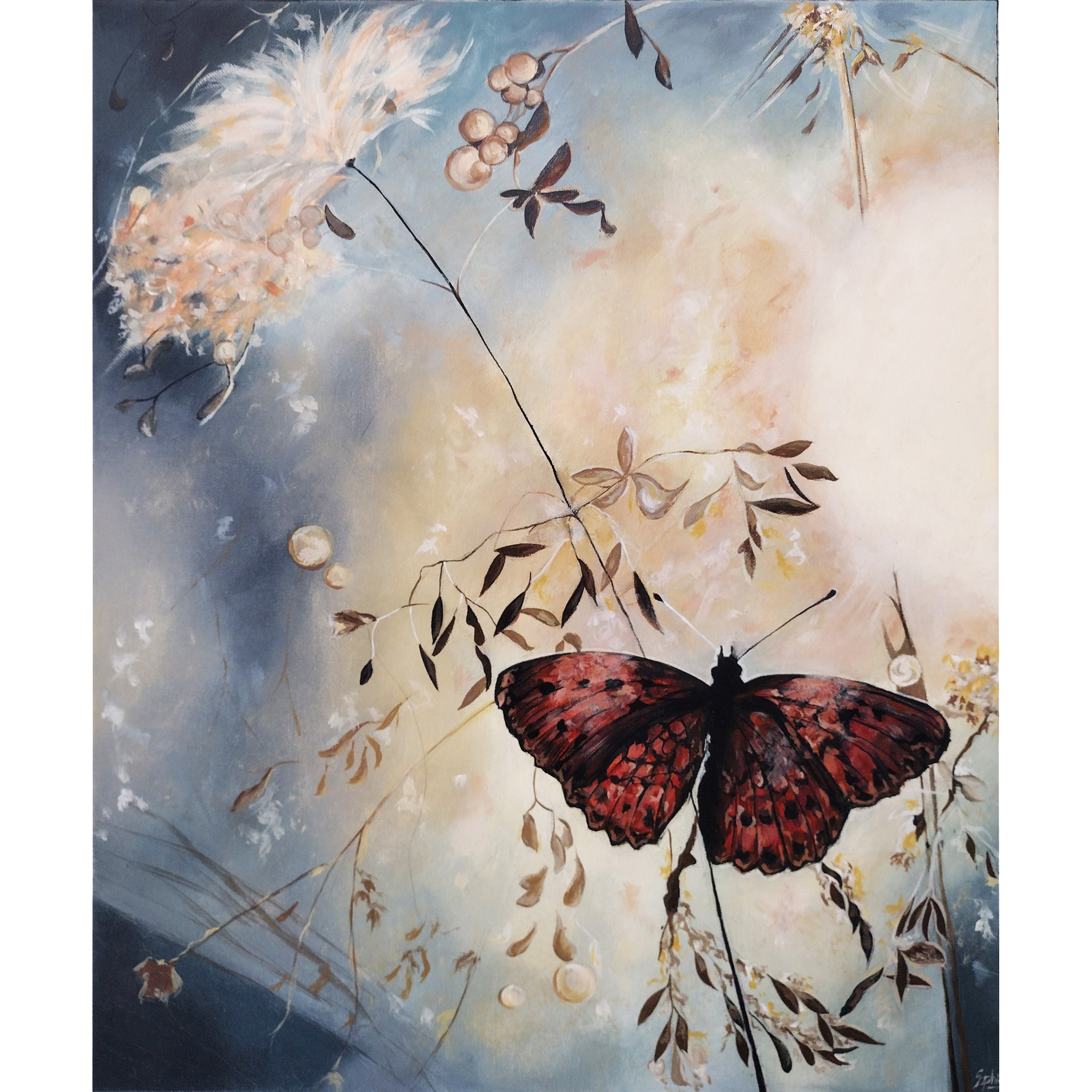 Peinture papillon dans un champs, nature acrylique animaux