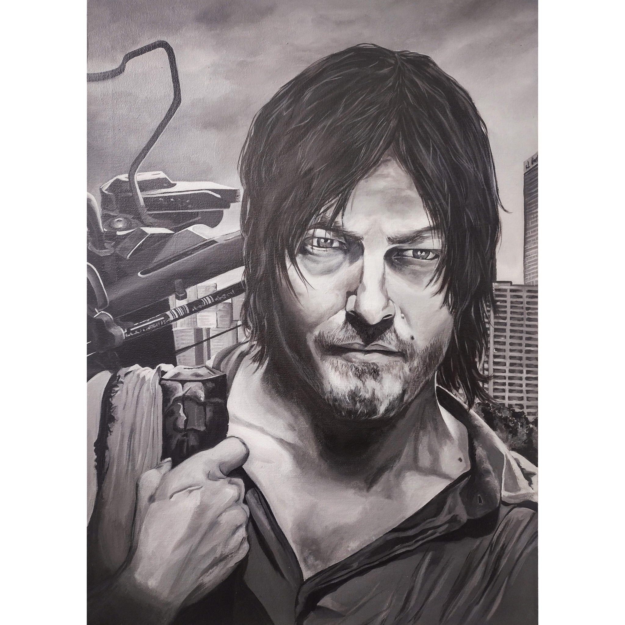 Tableau peint à la main, fan art, Daryl Dixon, the walking dead, portrait d'après photo