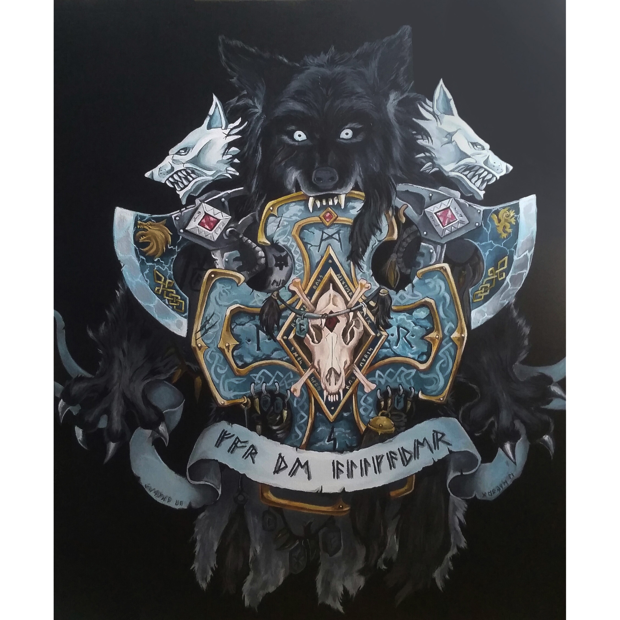 Peinture acrylique, peau de loup, légendes nordiques, viking