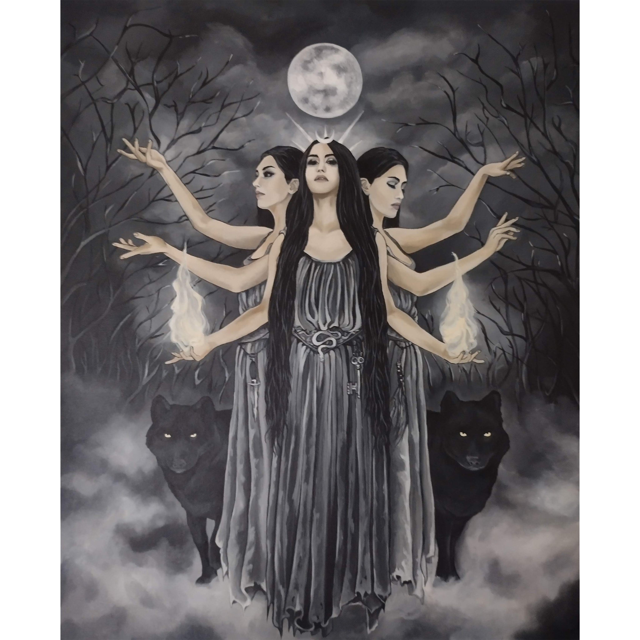 Inspiration Victoria Francès, peinture, déesses, loups, pleine lune, ésotérisme, légende, sorcière