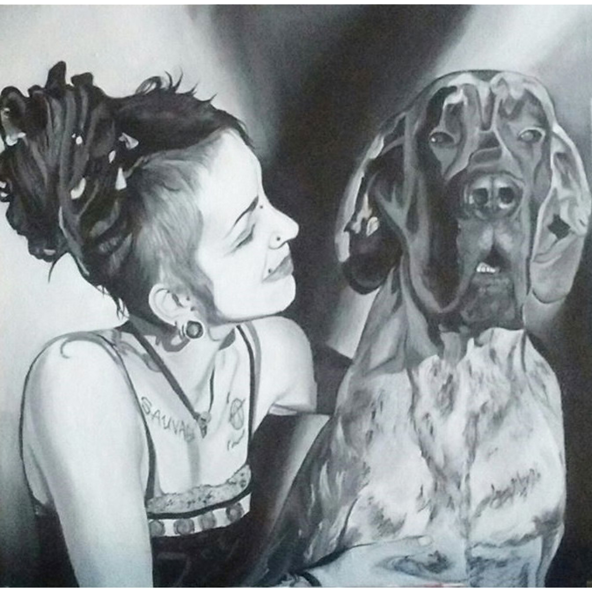 Portrait peinture d'après photo, nuances de gris, chien, hommage