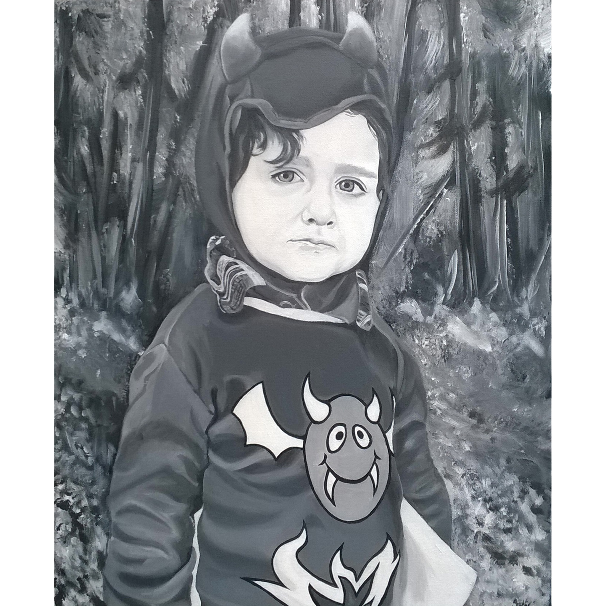 Portrait d'enfant acrylique, nuances de gris, d'après photo, halloween