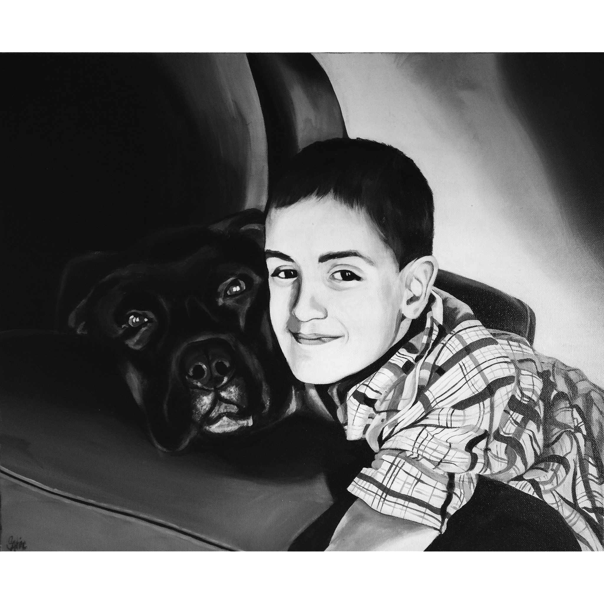 Portrait d'après photo, artiste peintre Occitanie, famille, enfant et chien