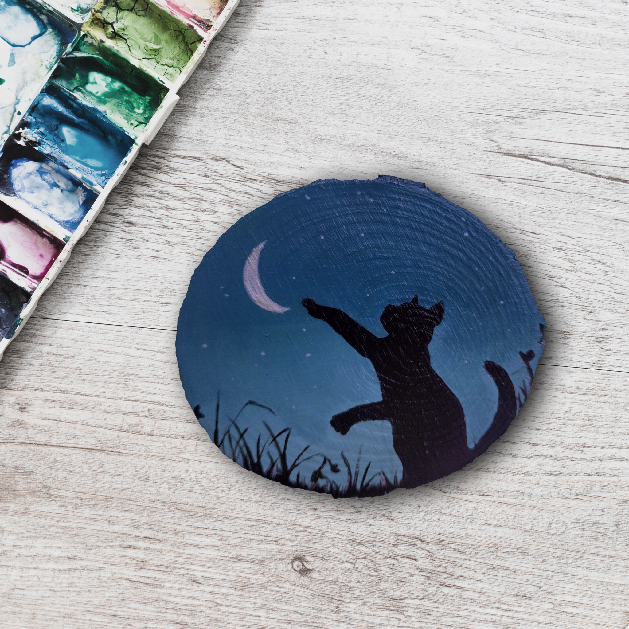 Rondin de bois peint à la main, peinture sur bois chat mignon lune magie