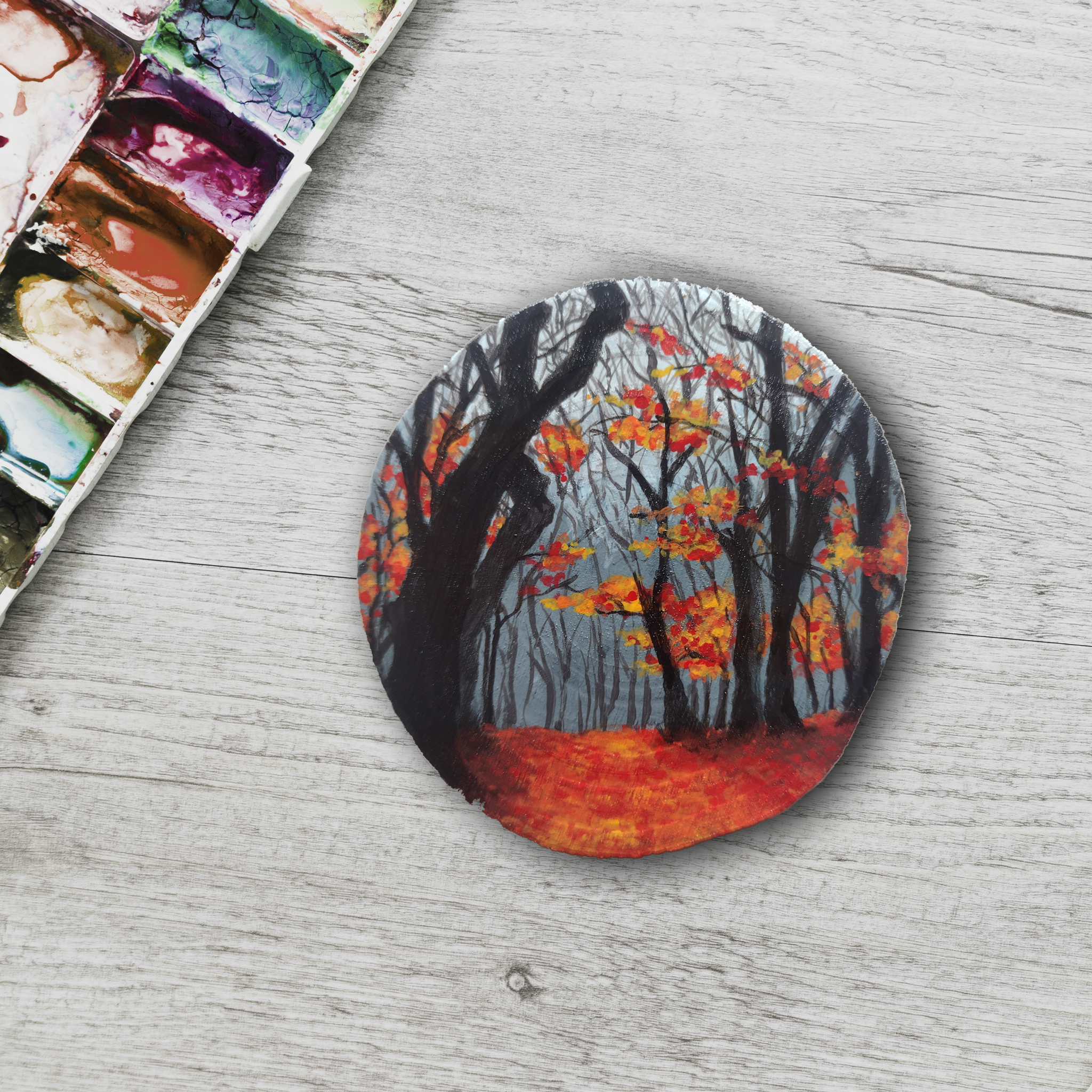 Rondin de bois peint à la main, peinture sur bois forêt automne