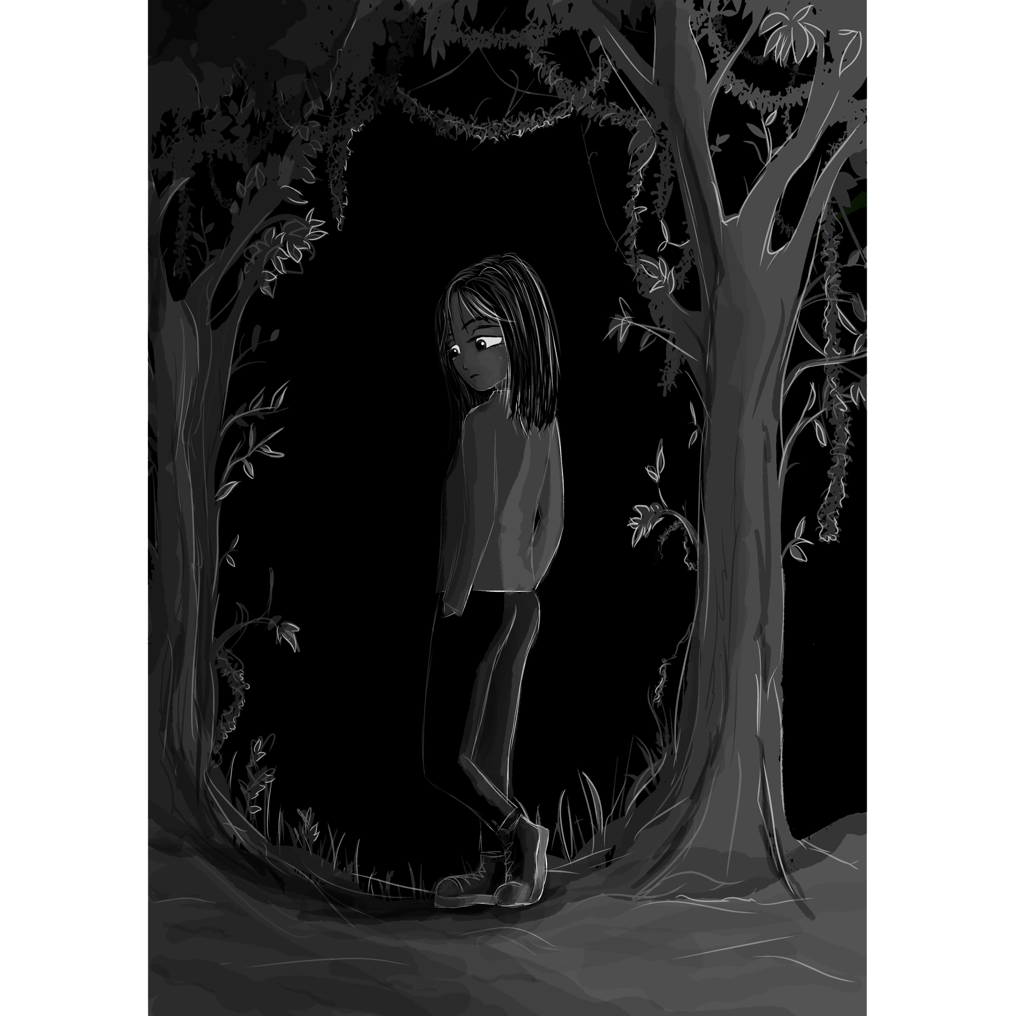 Jeune femme forêt noire sombre disparaît illustrations storytelling