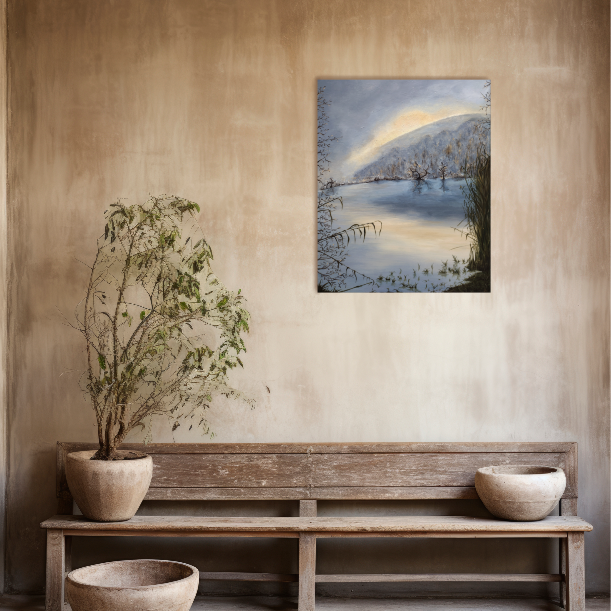 Peinture contemporaine d'un lac, artiste peintre Occitanie paysages