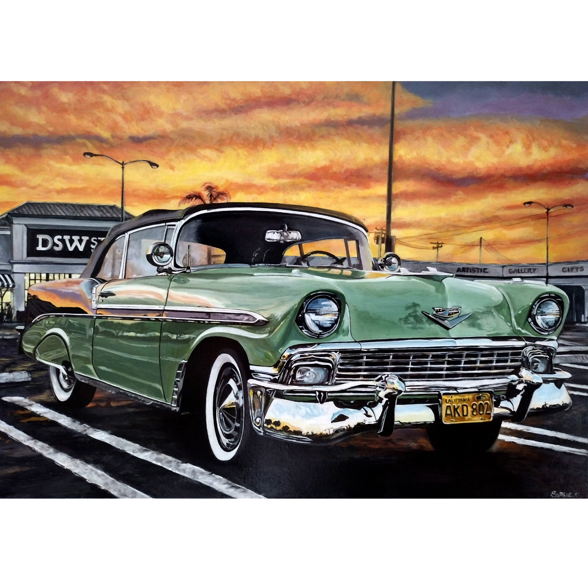 Peinture acrylique d'après photo, voiture vintage Chevrolet en couleur, artiste peintre Occitanie