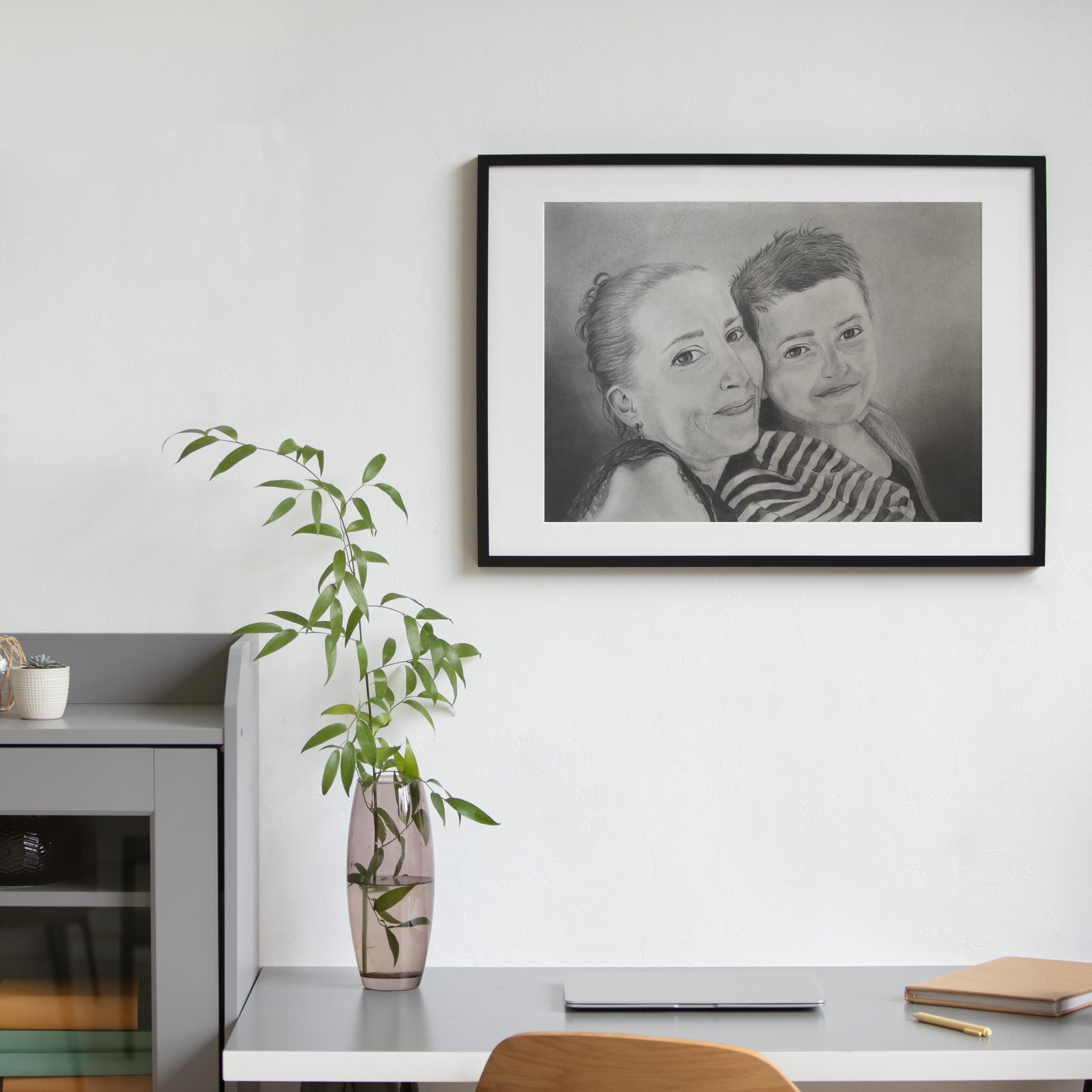 Portrait réalisme, d'après photo fusain, galerie d'illustrations mère et fils tendresse souvenir