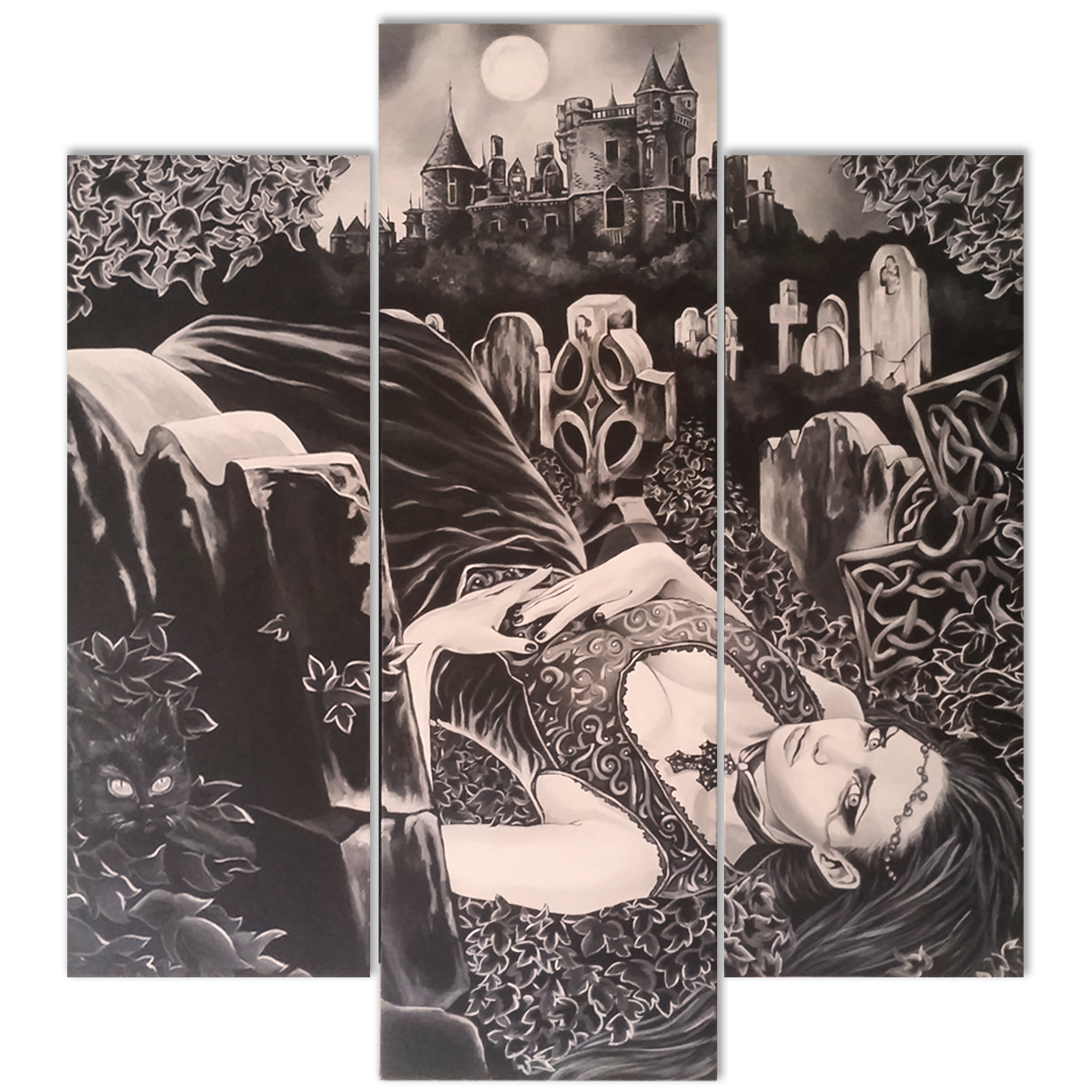 Peinture, inspiration Victoria Frances, triptyque, gothique victorien, cimetière amour