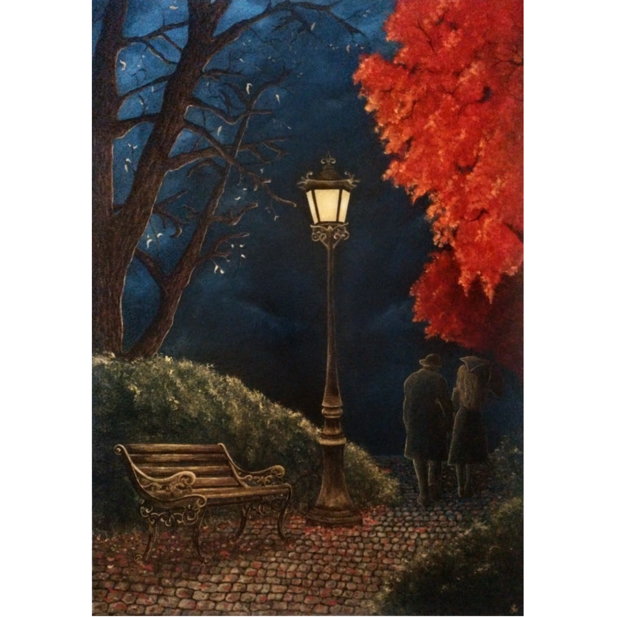 Peinture imaginative d'une Promenade dans Budapest, de nuit, parc et éclairage soirée d'automne
