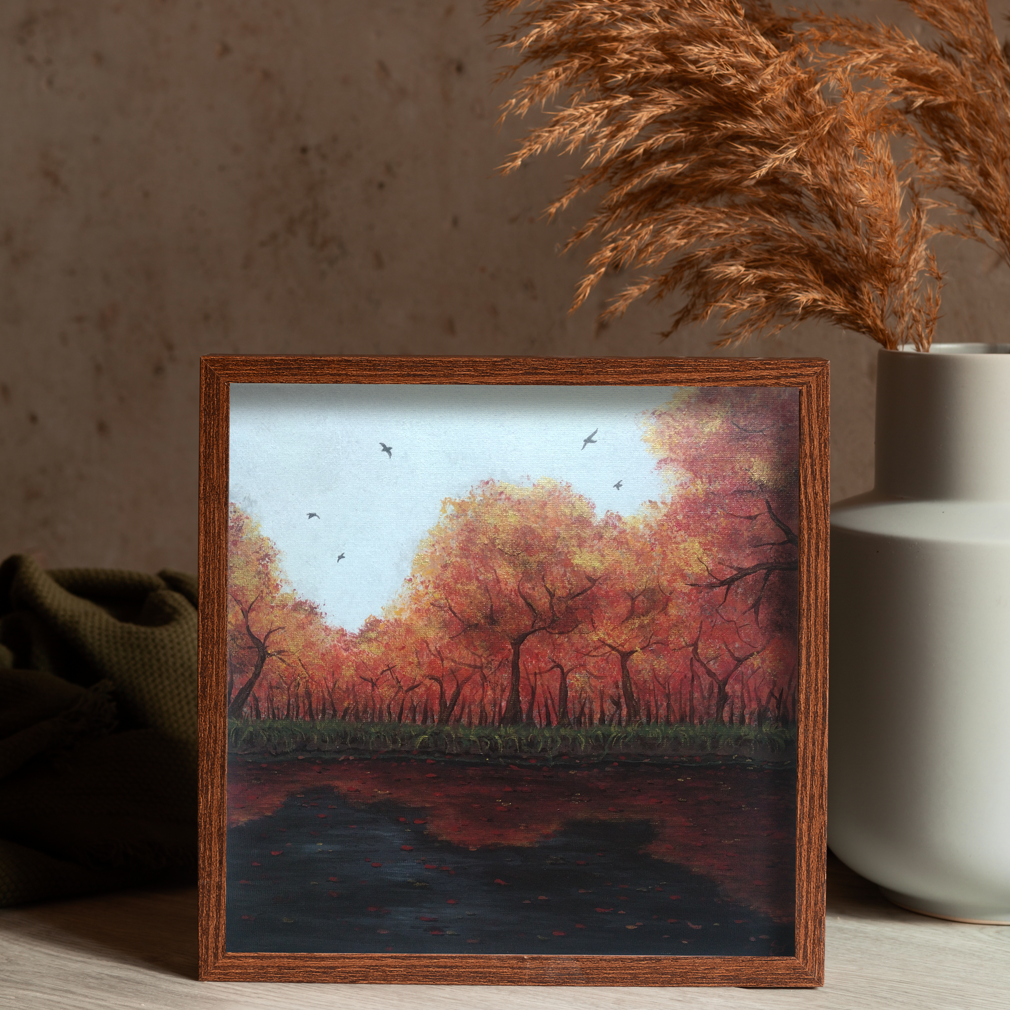Petit tableau format carré, peint à la main, nature, ambiance automne